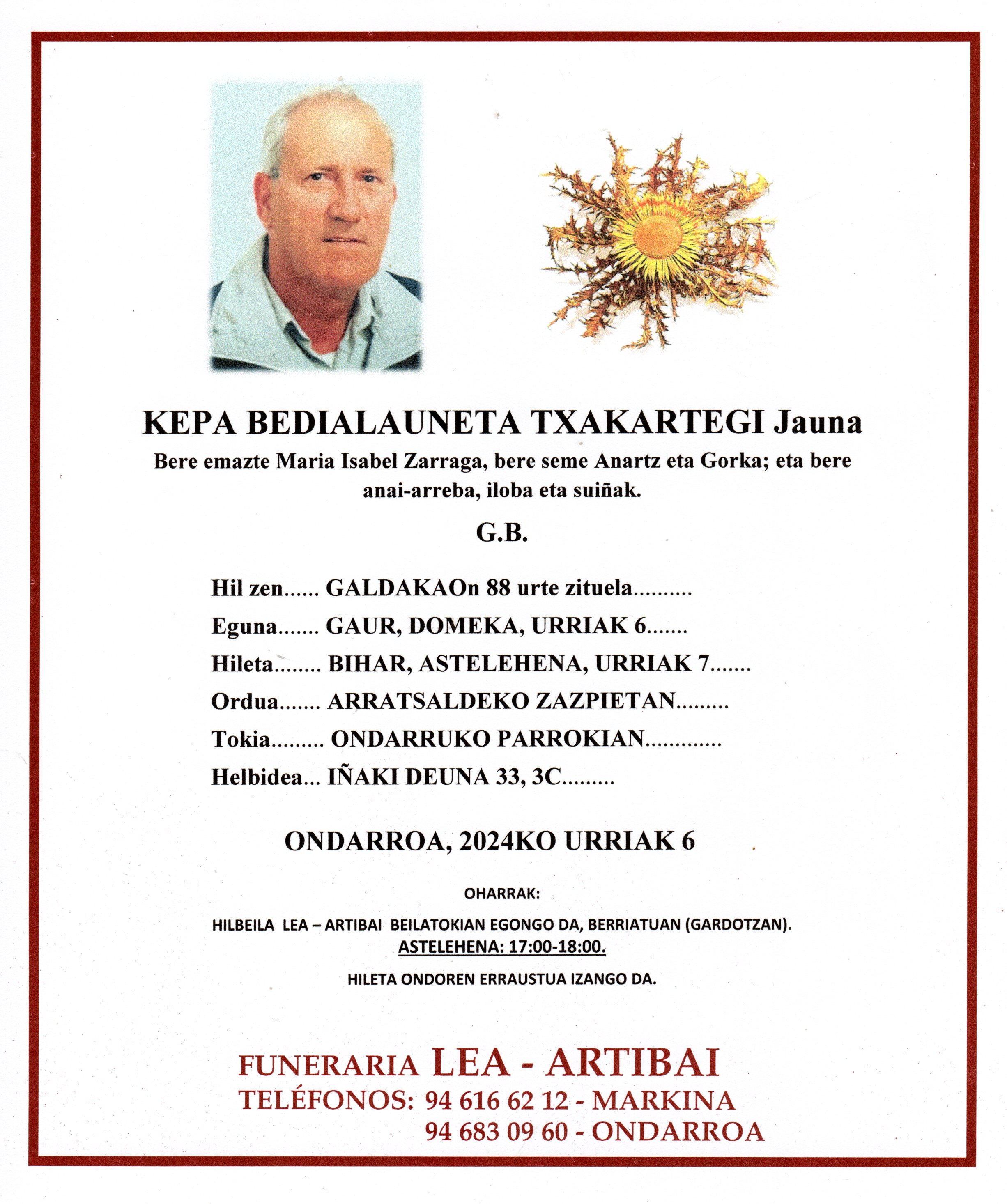 Esquela de Kepa Bedialauneta Txakartegi