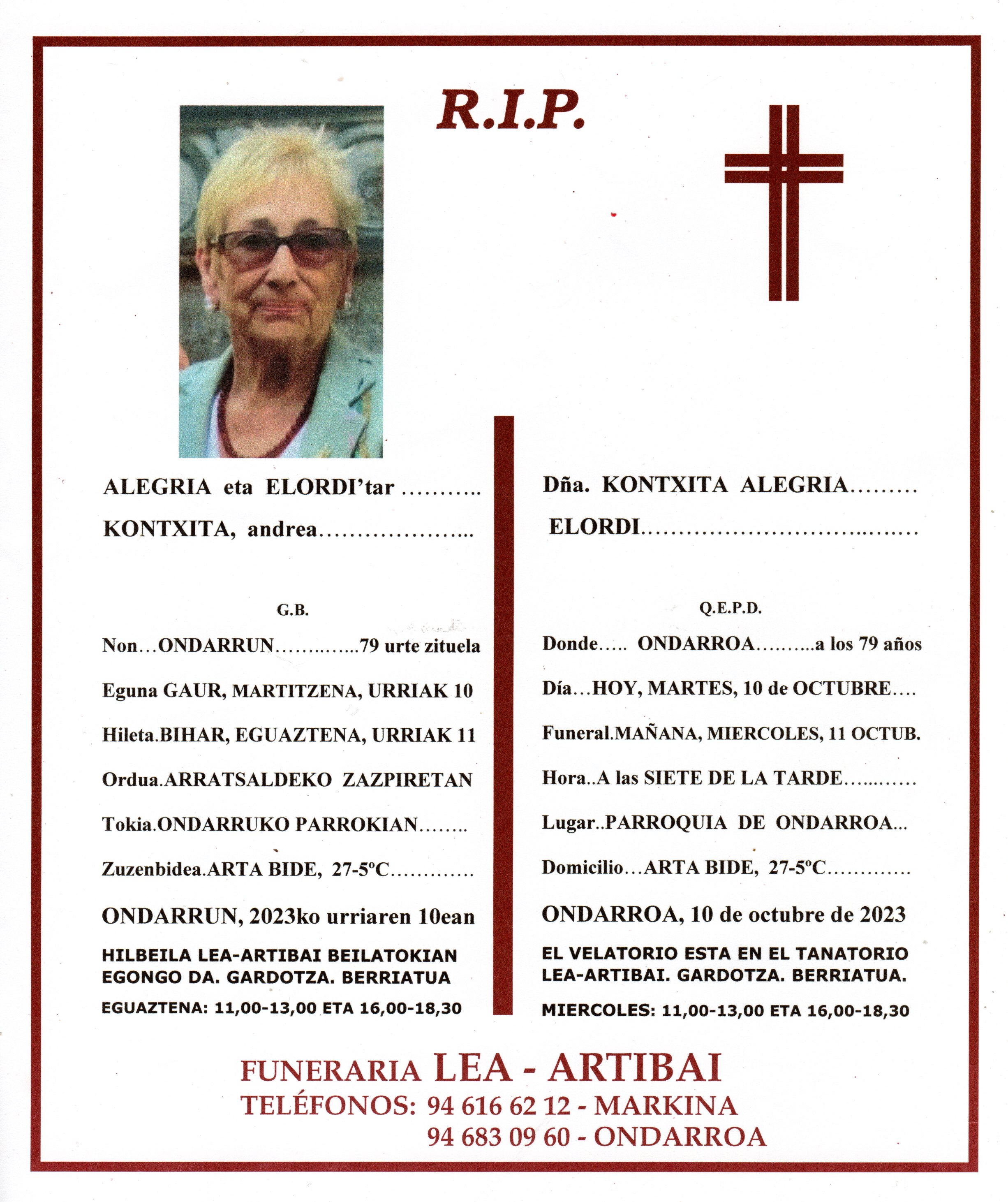Esquela de Kontxita Alegria Elordi