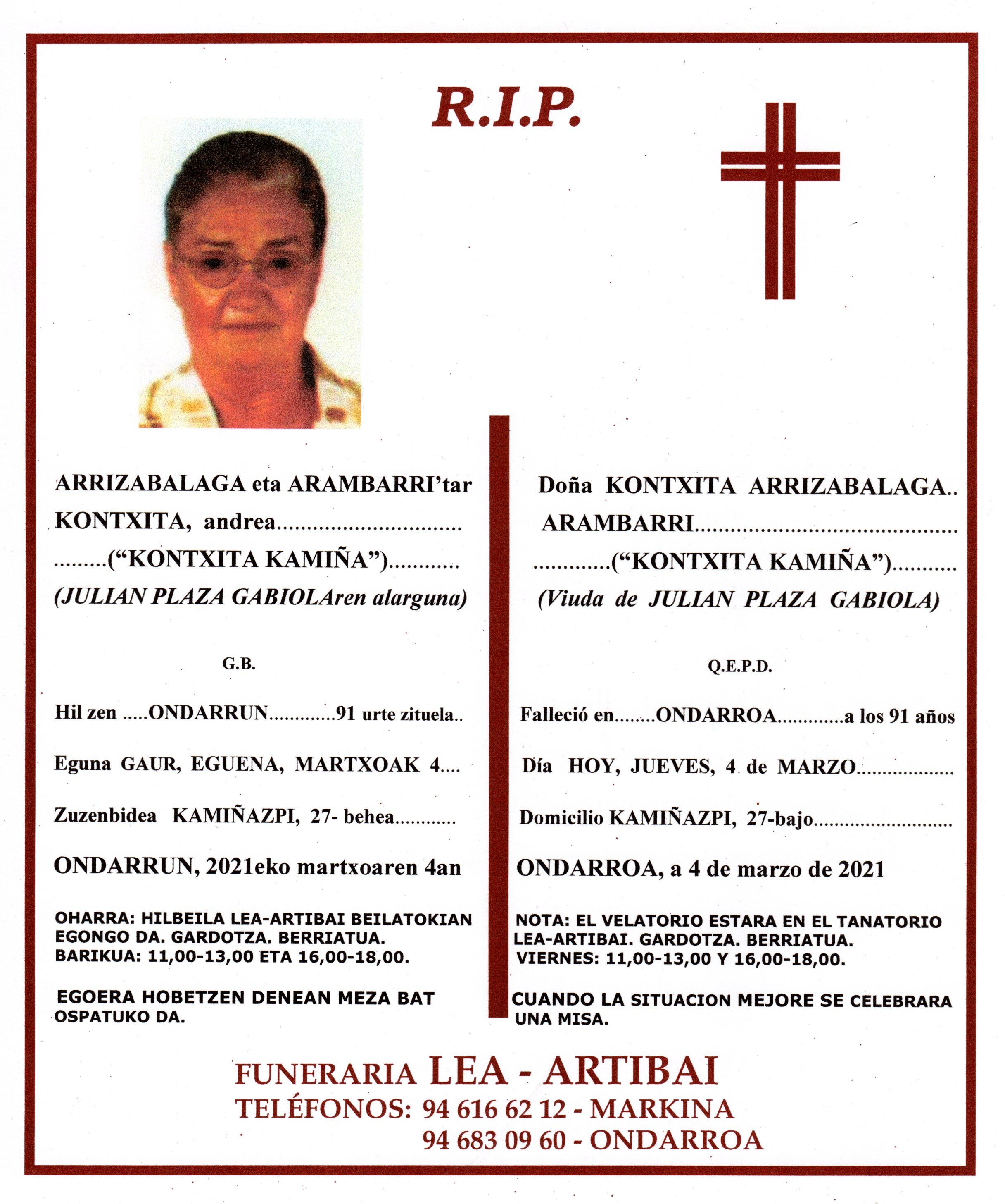 Esquela de Kontxita Arrizabalaga Arambarri