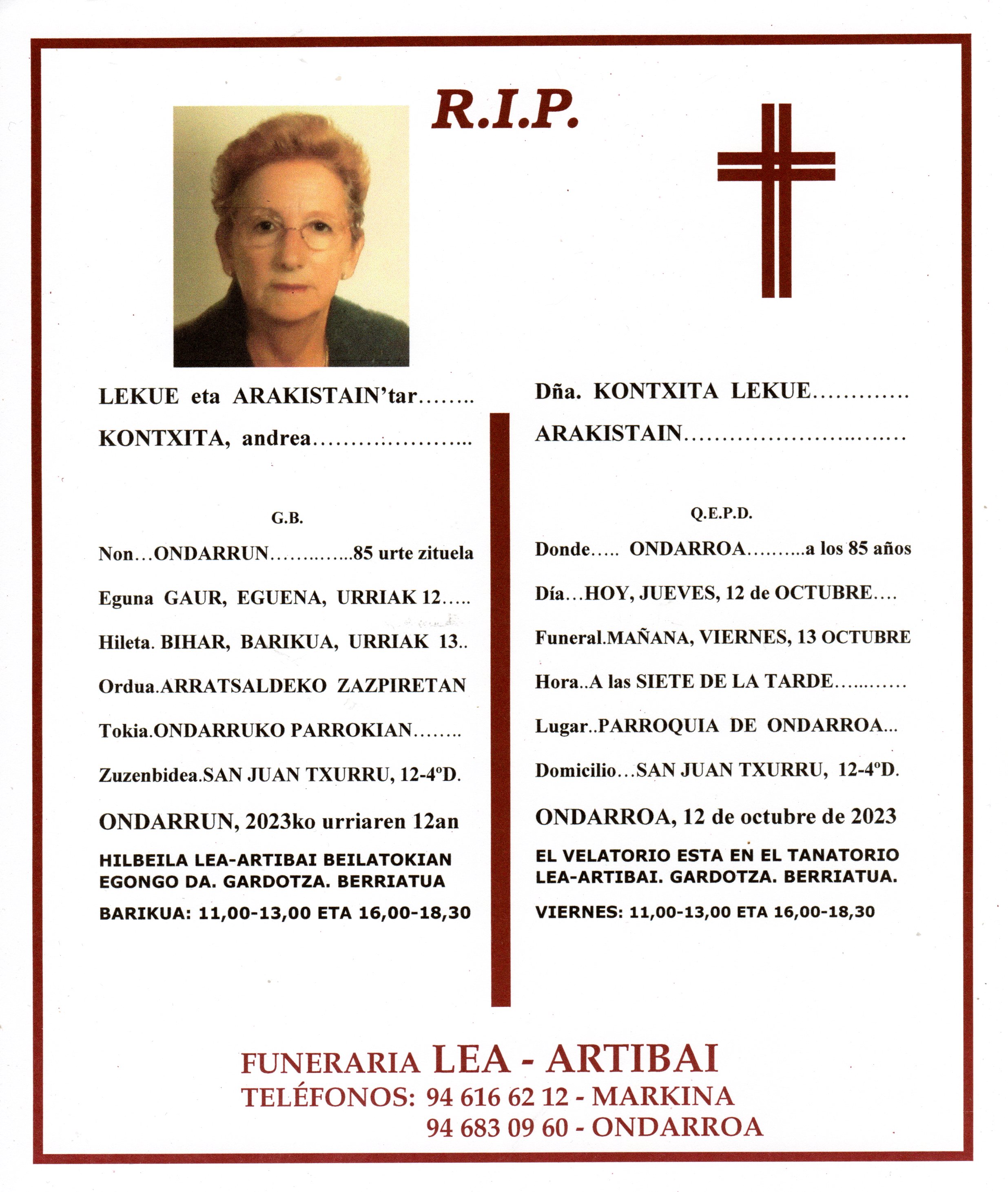 Esquela de Kontxita Lekue Arakistain