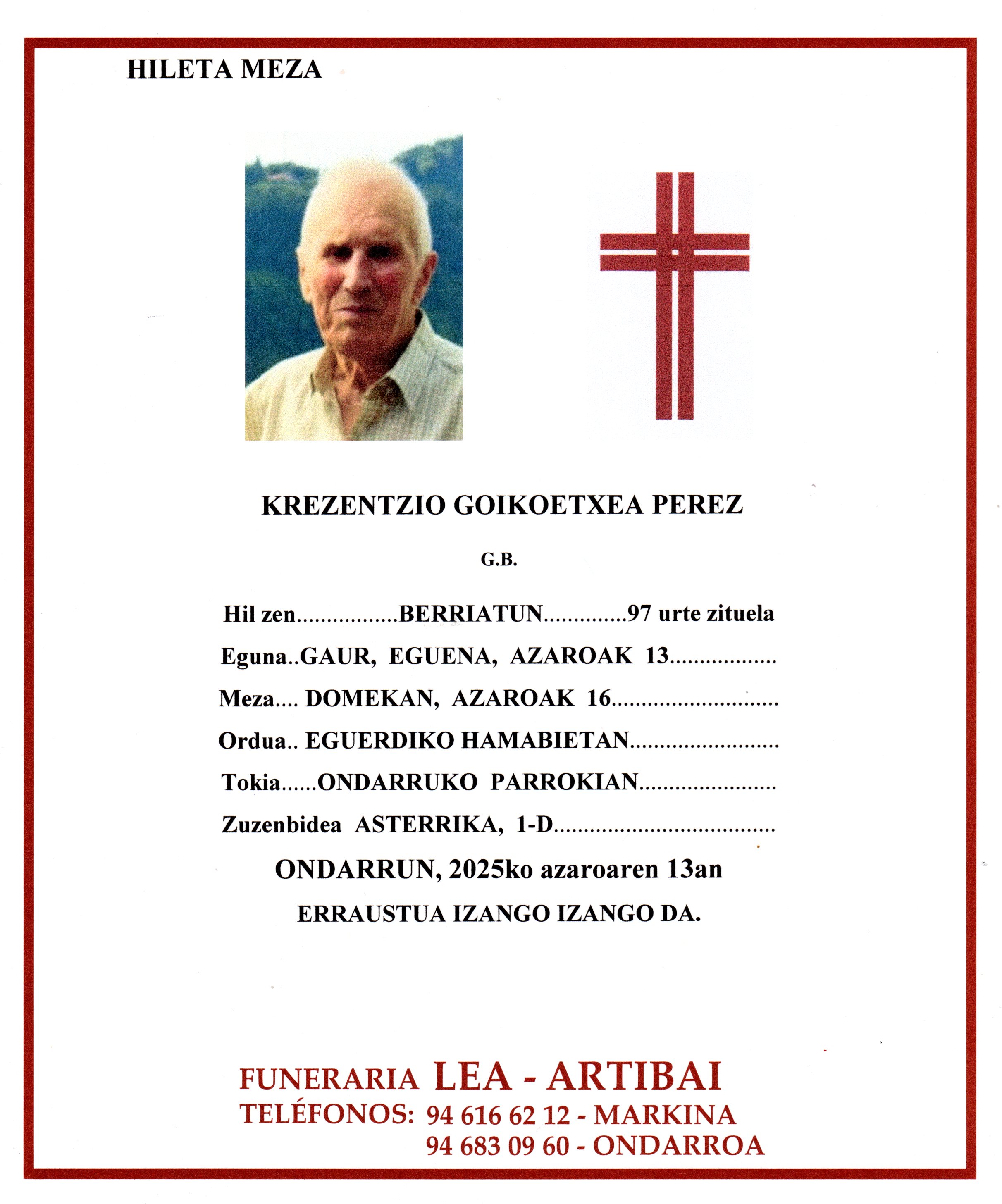 Esquela de Krezentzio Goikoetxea Perez