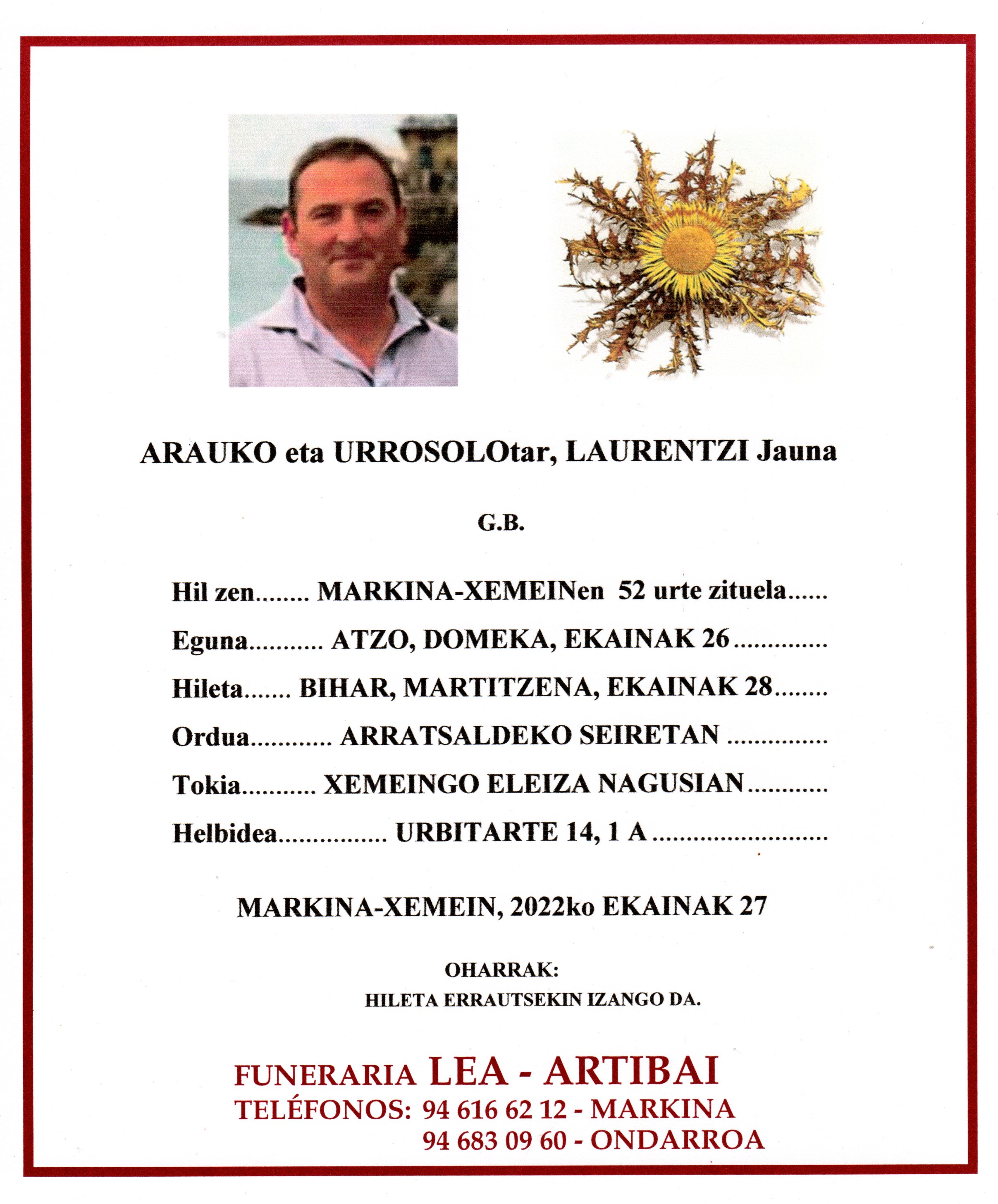 Esquela de Laurentzi Arauko Urrosolo