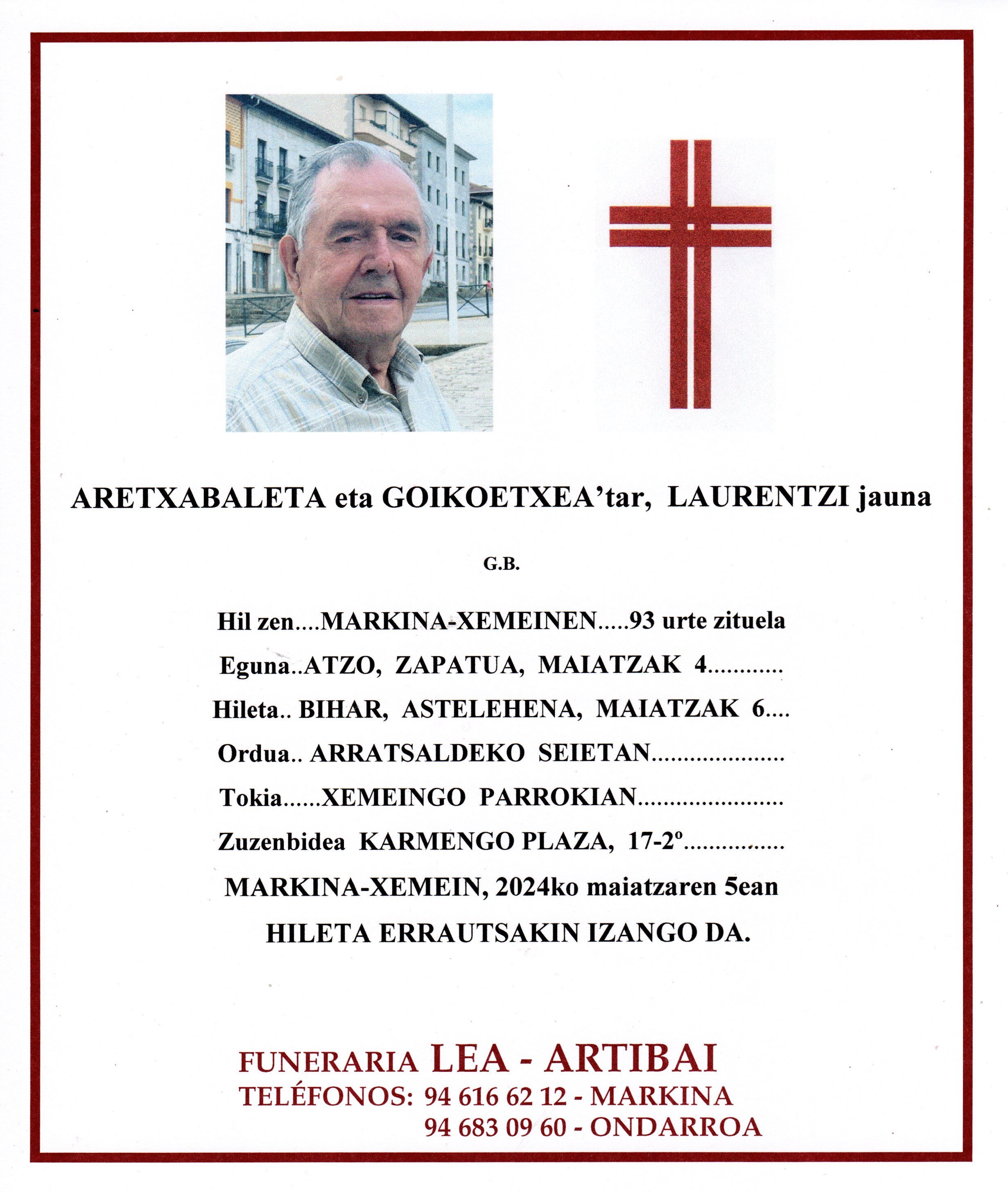 Esquela de Laurentzi Aretxabaleta Goikoetxea