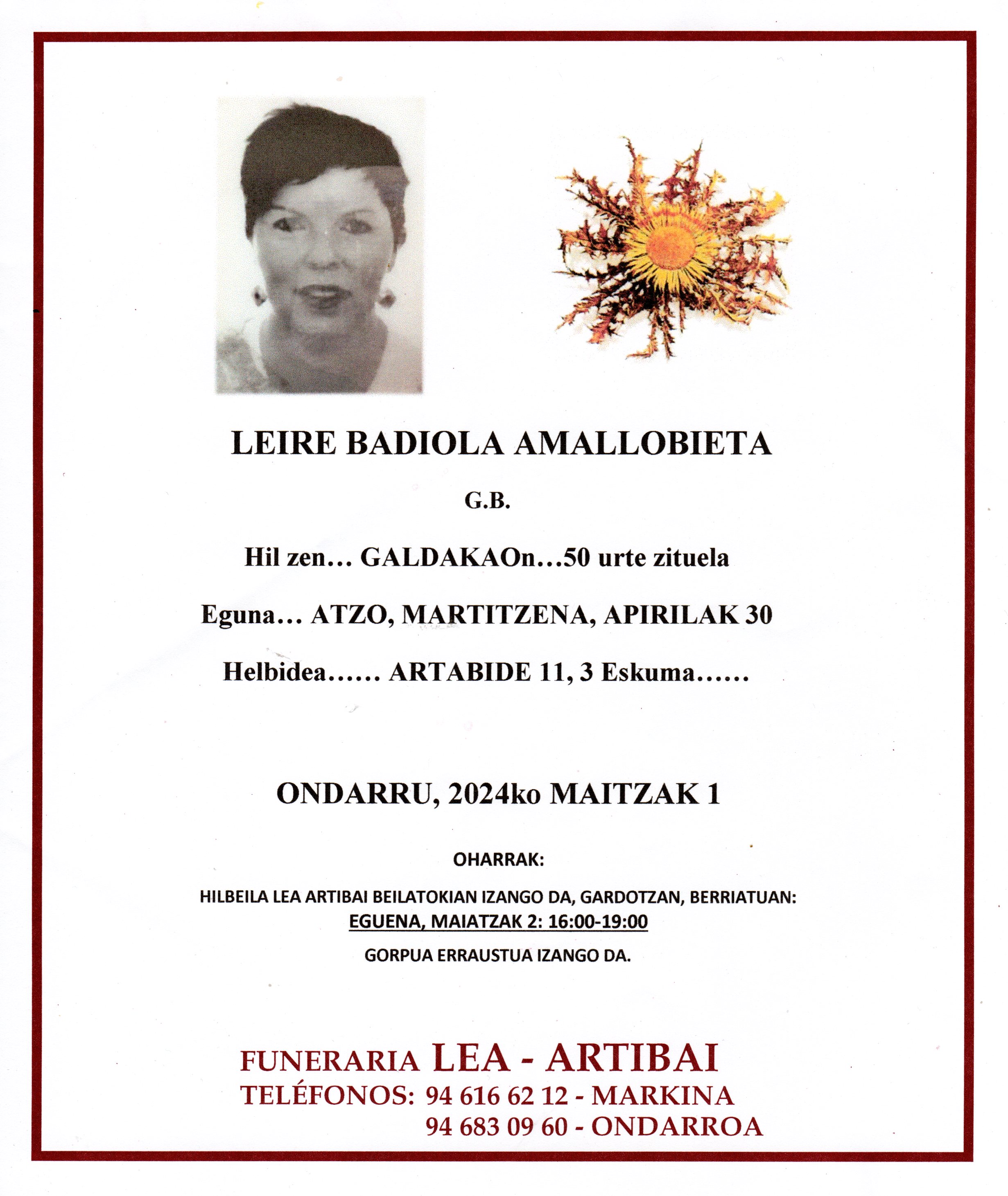 Esquela de Leire Badiola Amallobieta