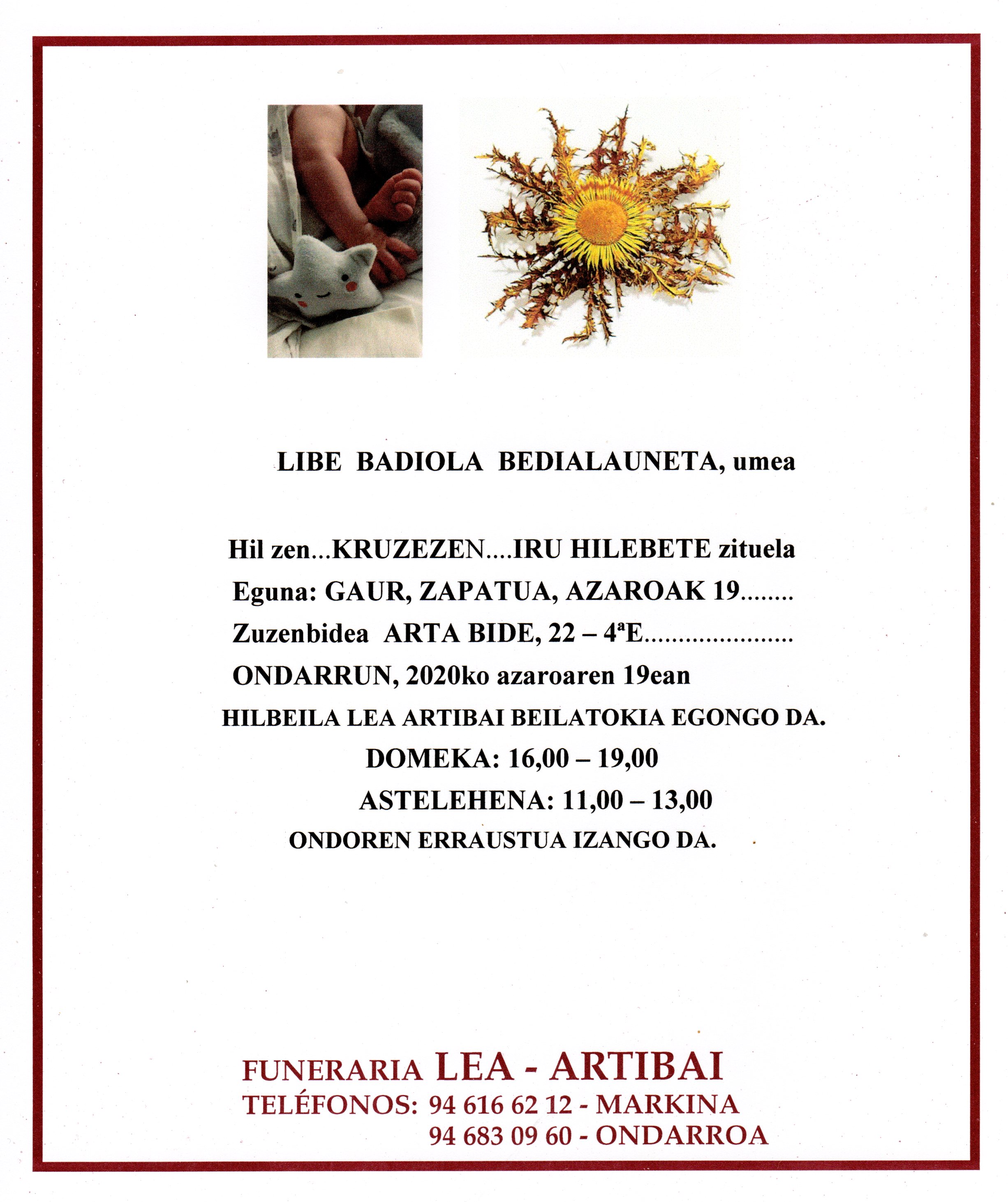 Esquela de Libe Badiola Bedialauneta