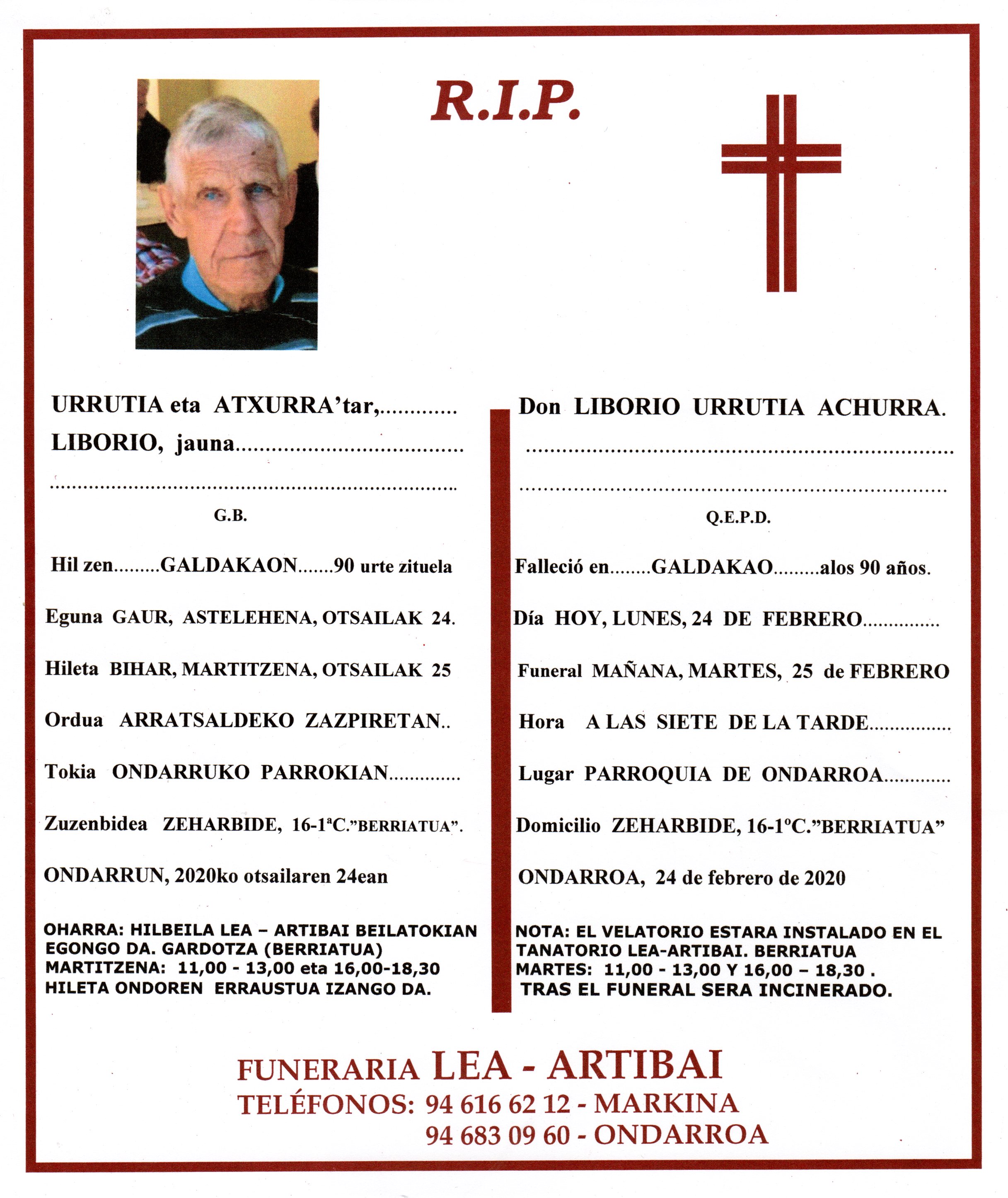 Esquela de Liborio Urrutia Atxurra