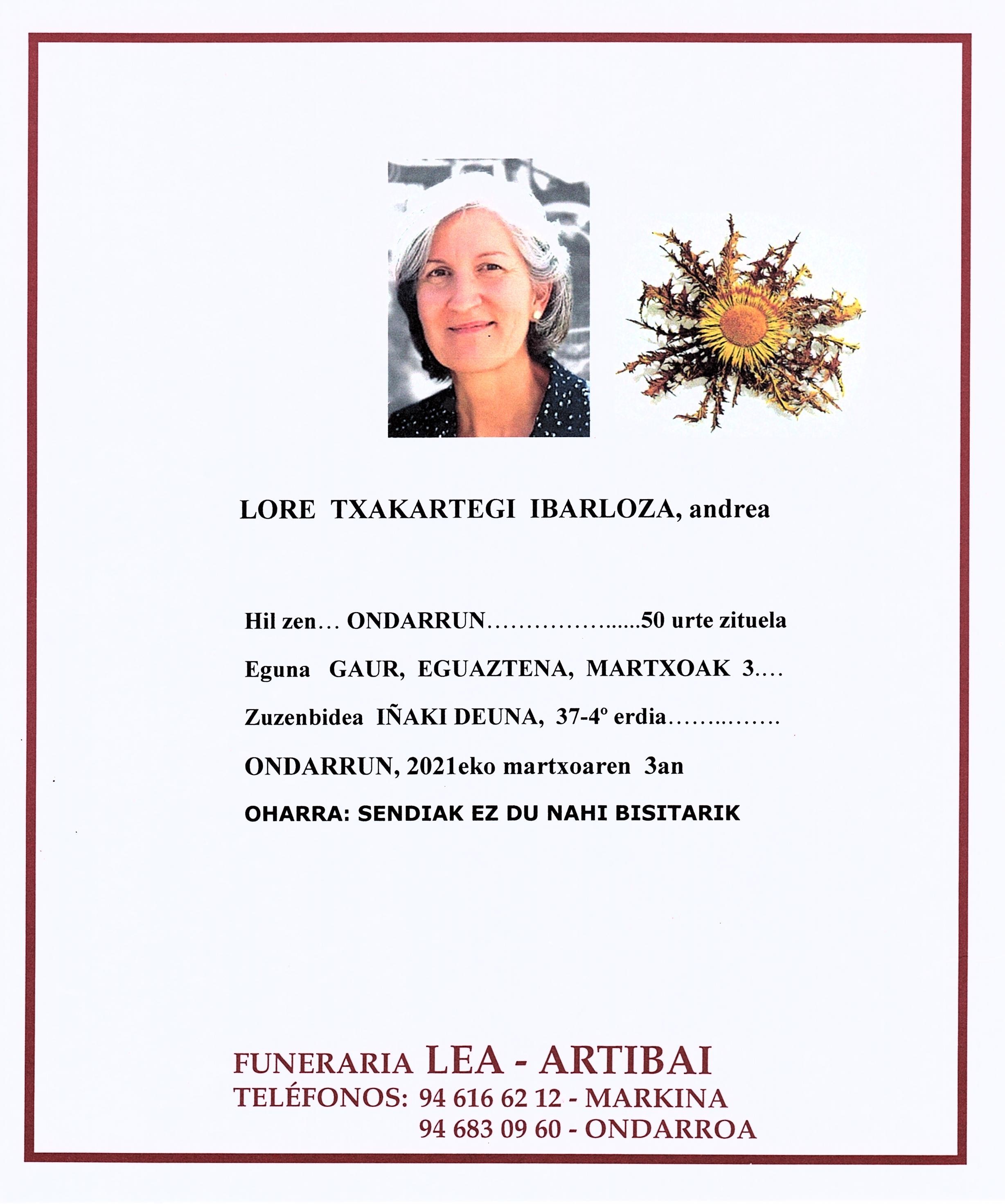 Esquela de Lore Txakartegi Ibarloza