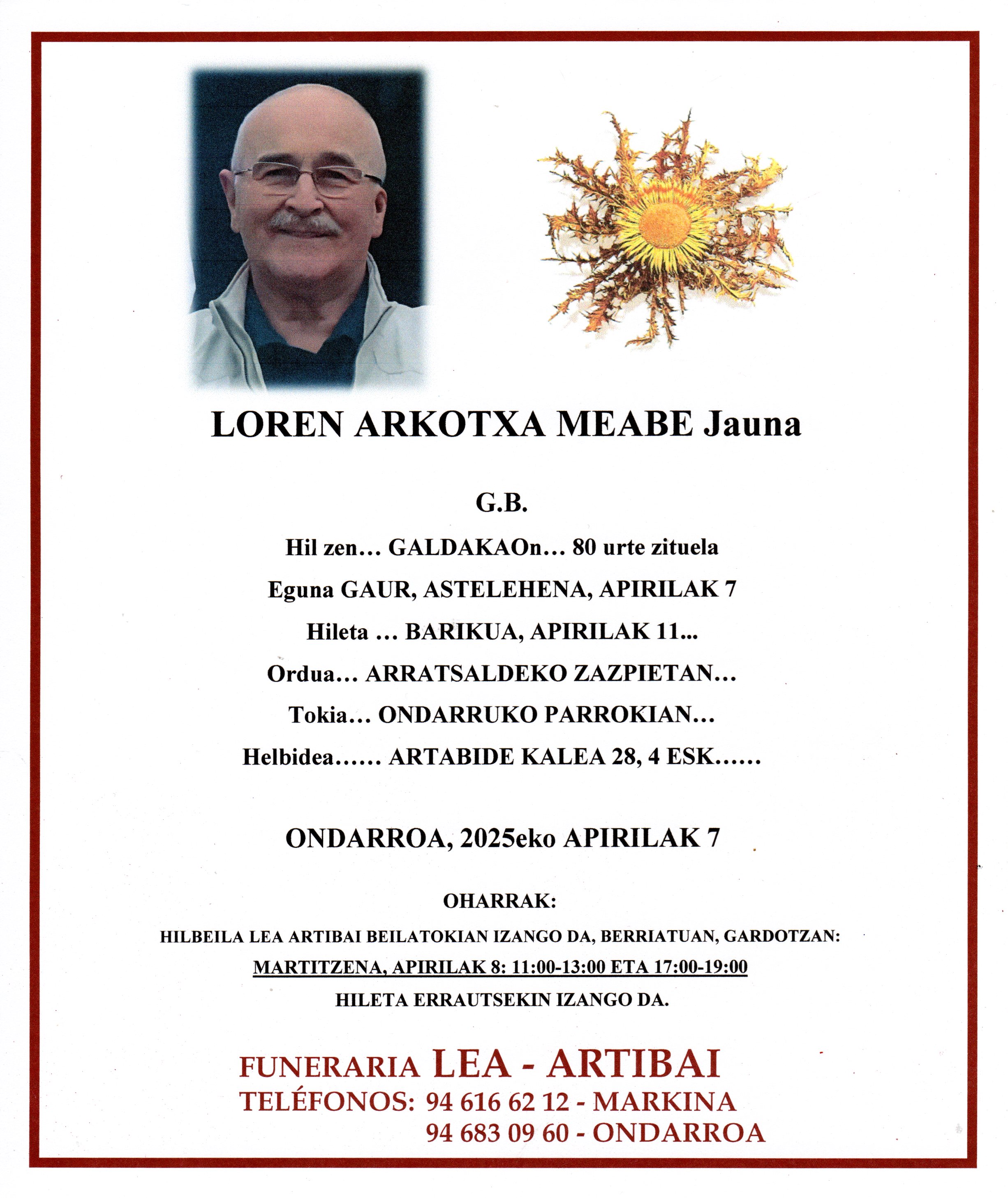 Esquela de Loren Arkotxa Meabe