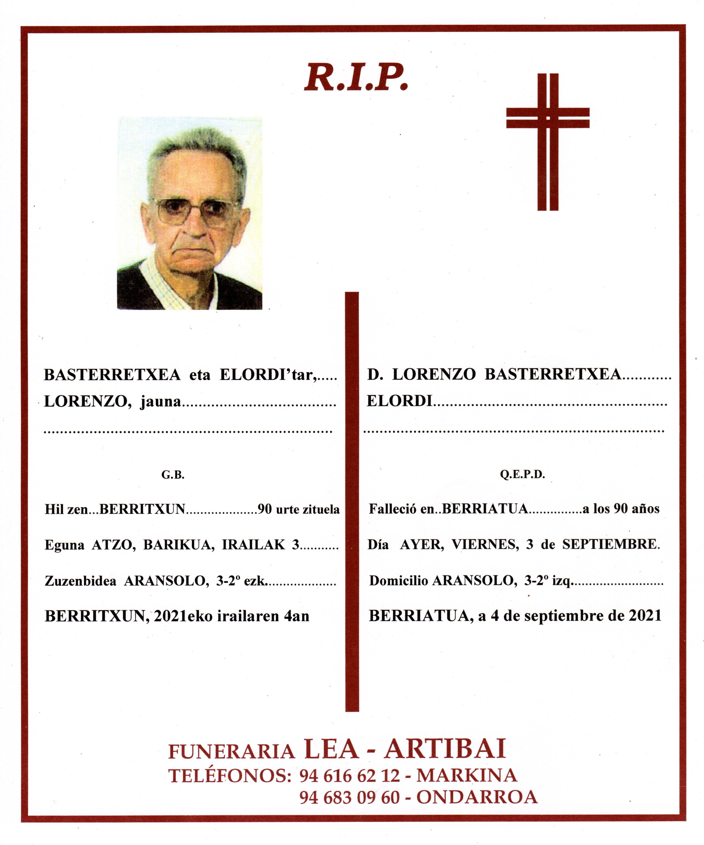 Esquela de Lorenzo Basterretxea Elordi