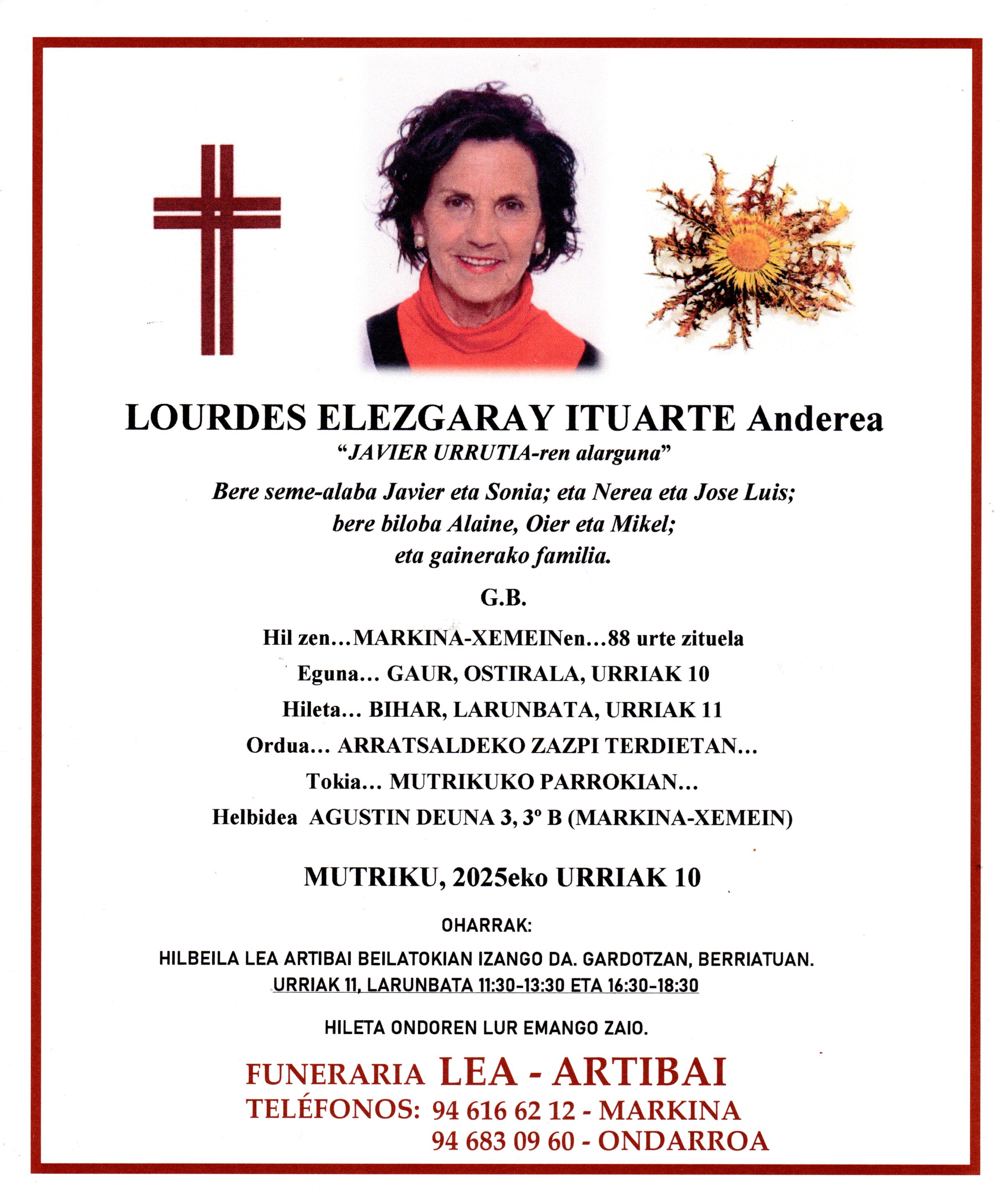 Esquela de Lourdes Elezgaray Ituarte