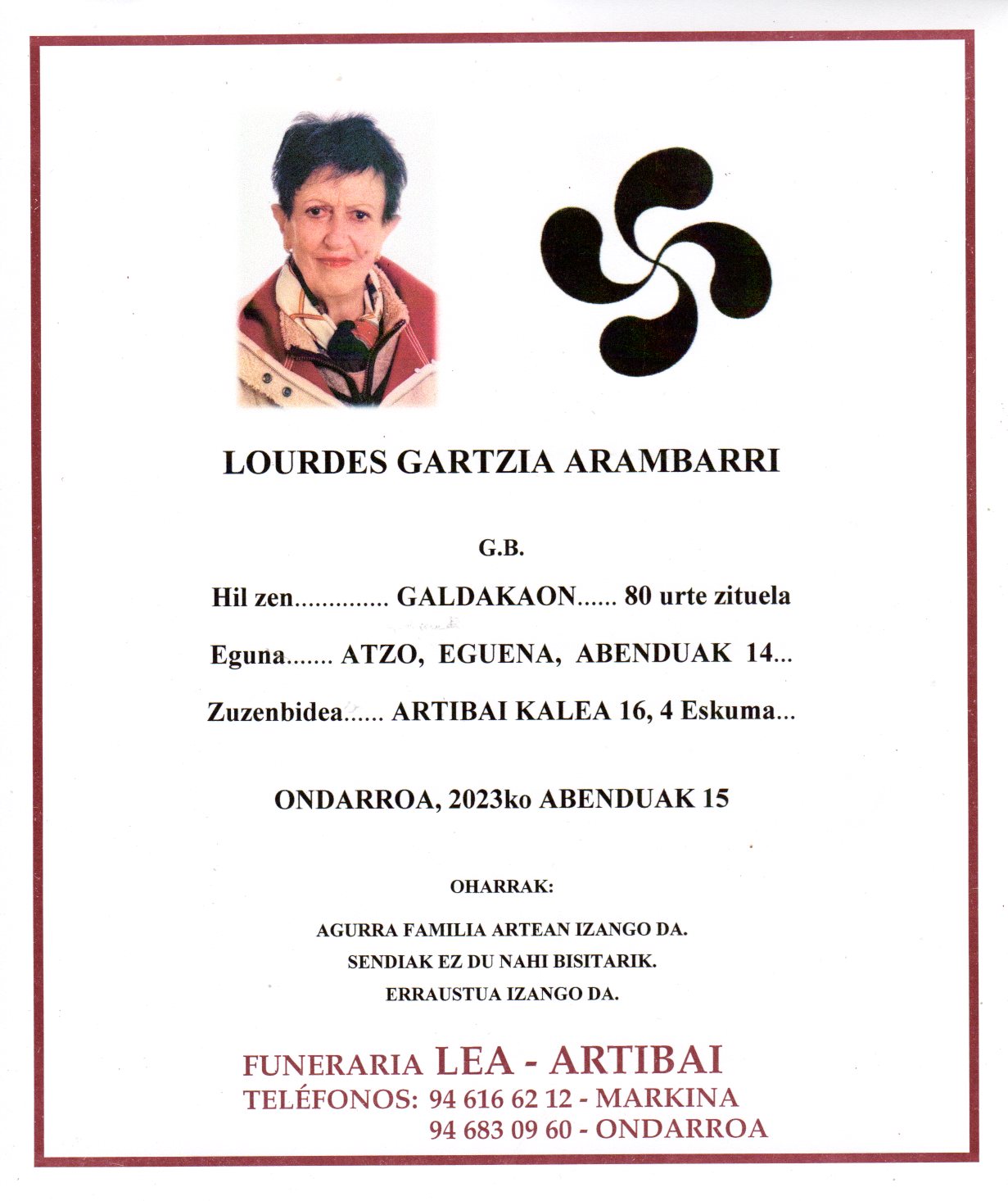 Esquela de Lourdes Gartzia Arambarri