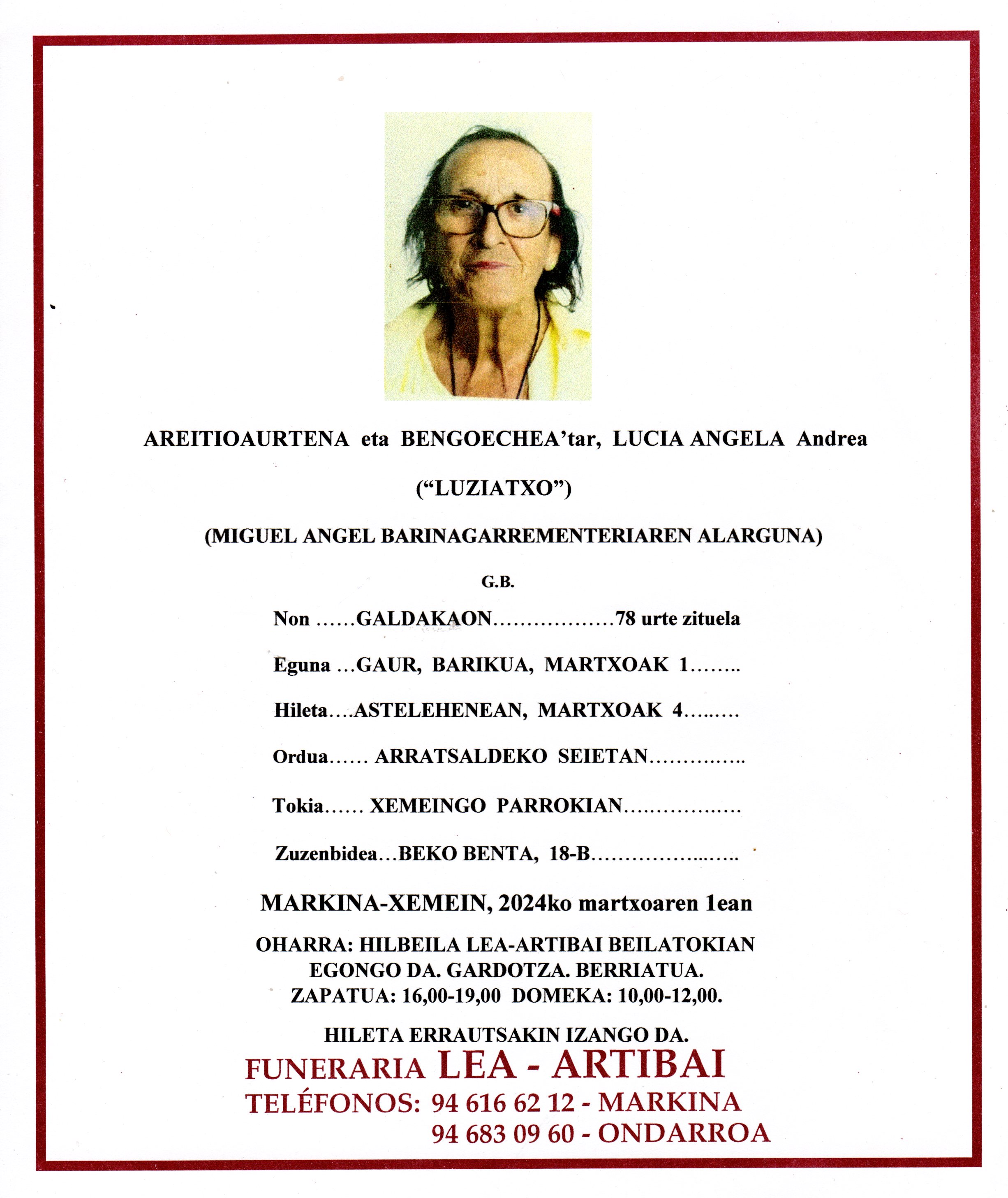 Esquela de Lucia Angela Areitioaurtena Bengoechea