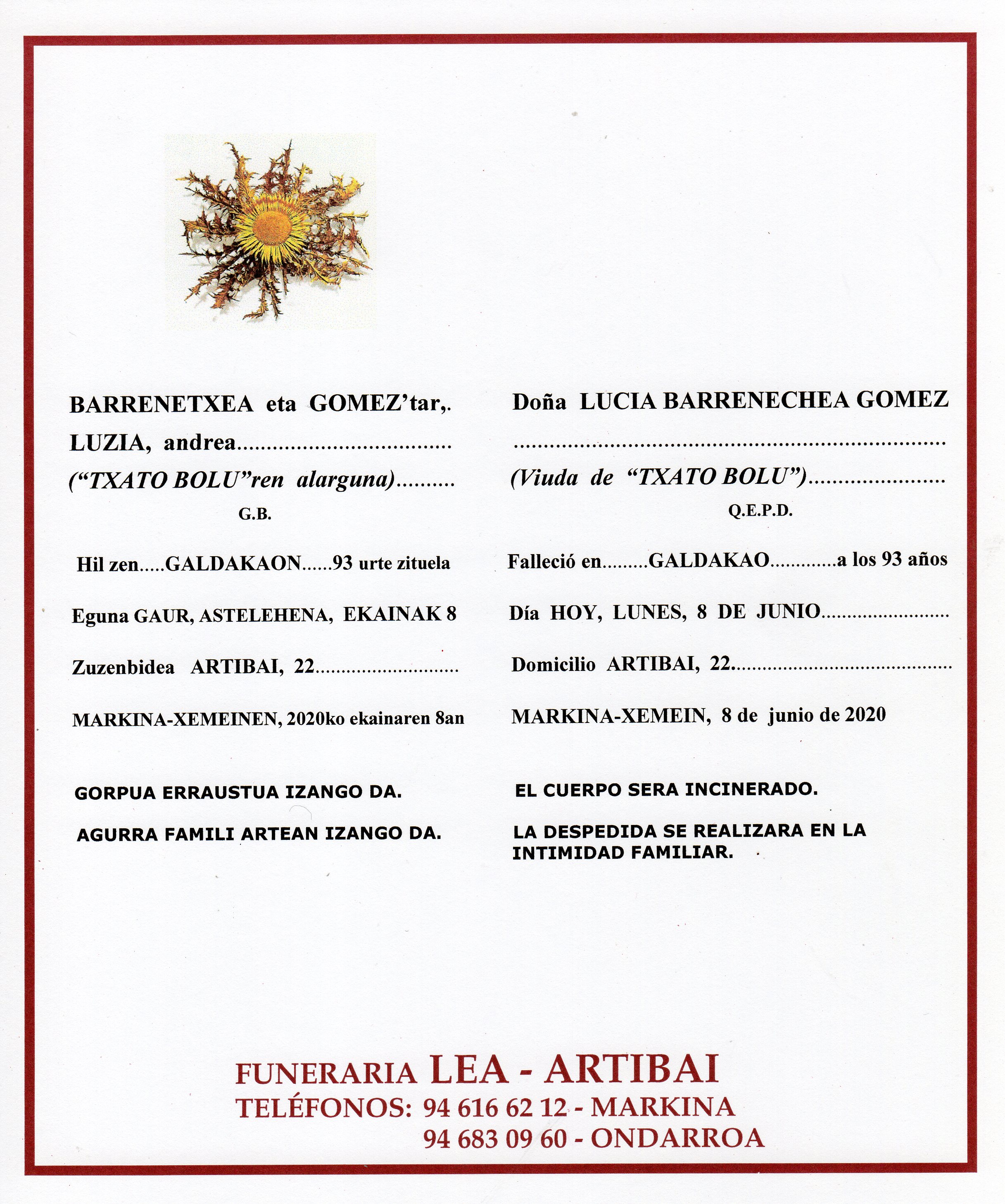 Esquela de Lucia Barrenetxea Gomez