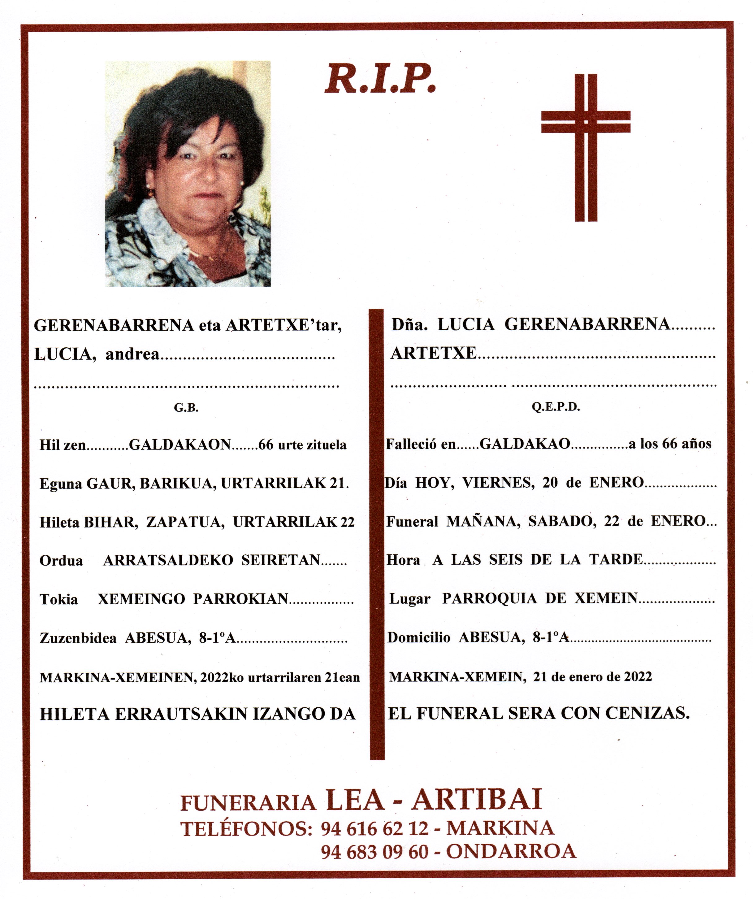 Esquela de Lucia Gerenabarrena Artetxe