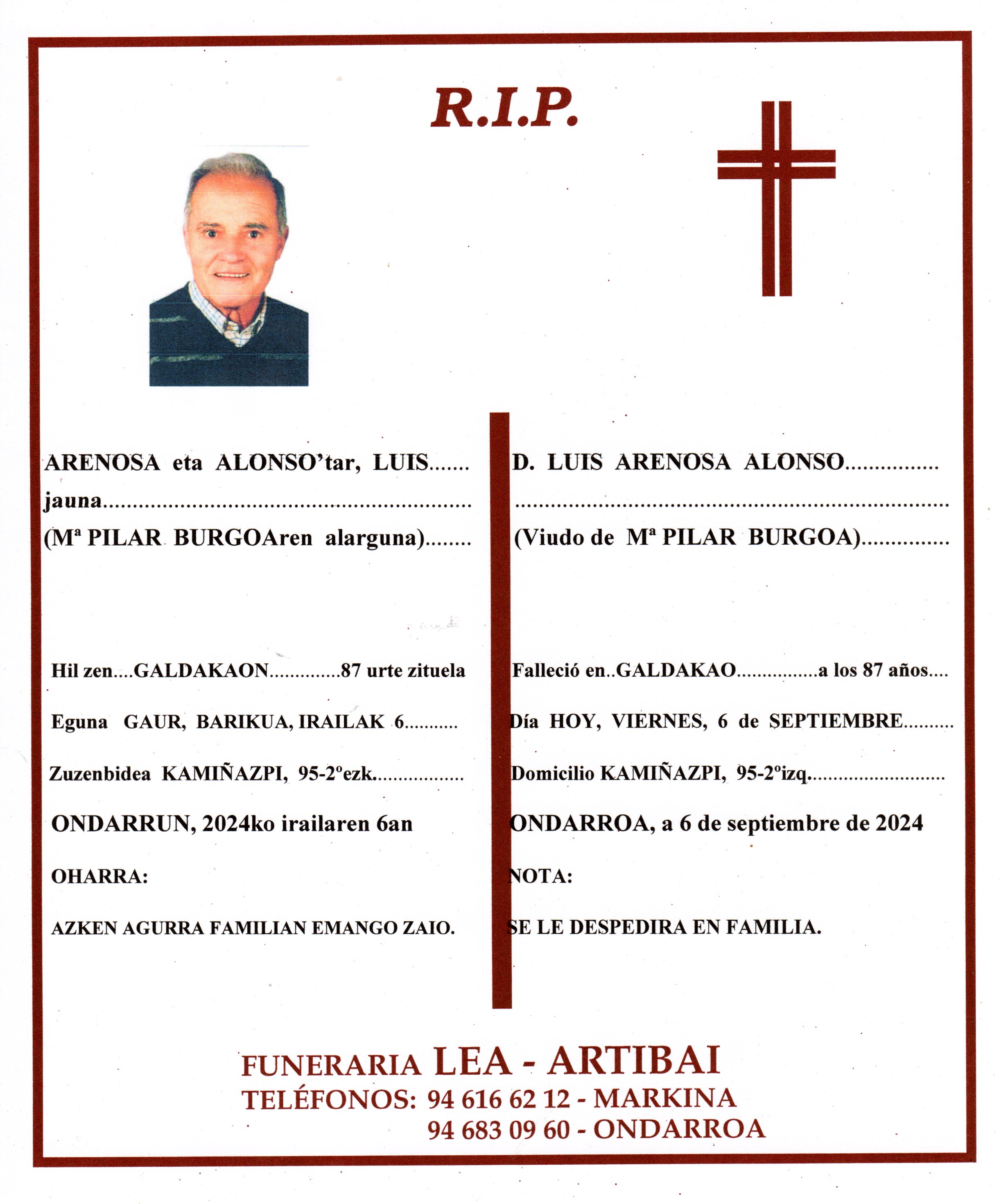 Esquela de Luis Arenosa Alonso