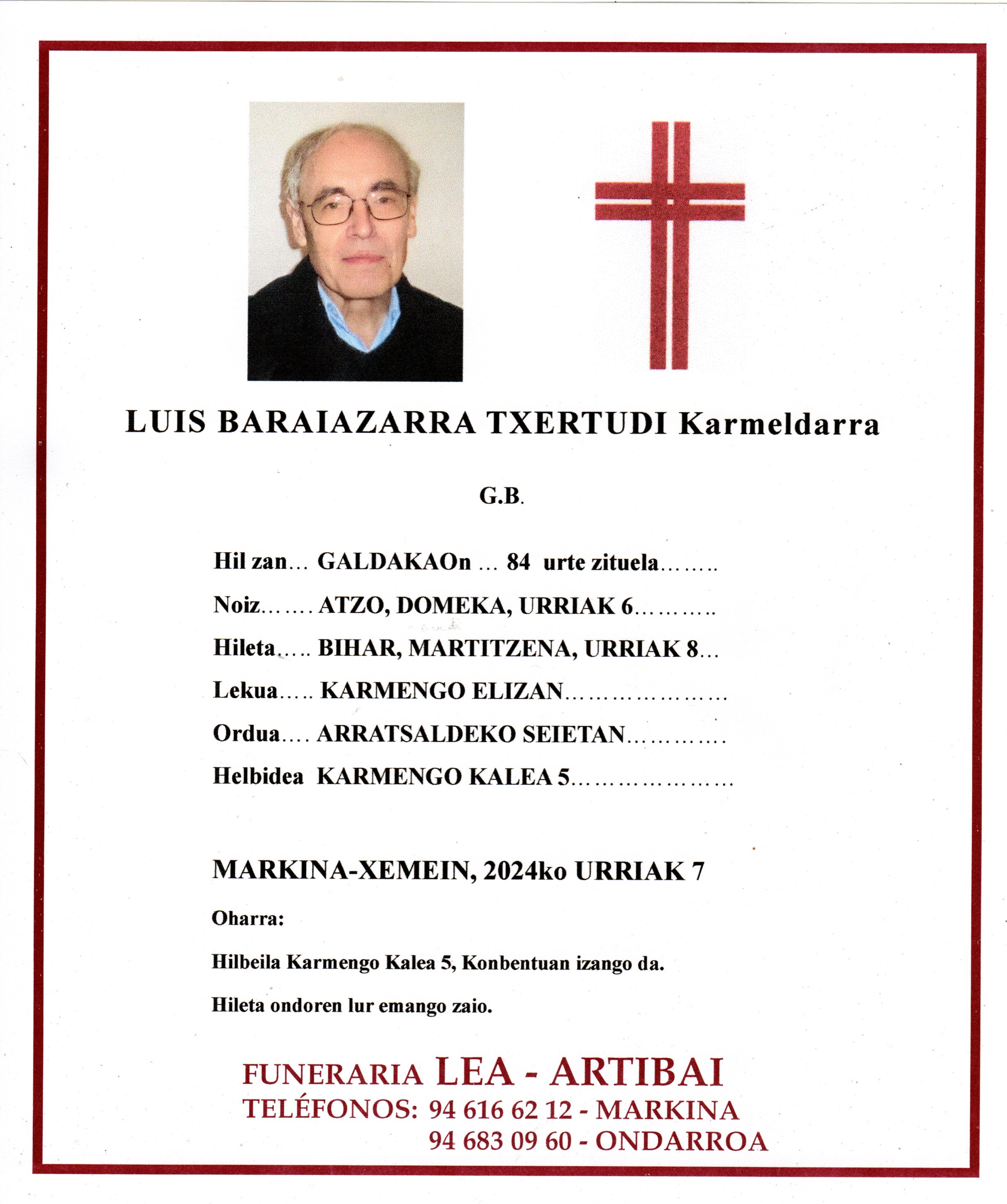 Esquela de Luis Baraiazarra Txertudi