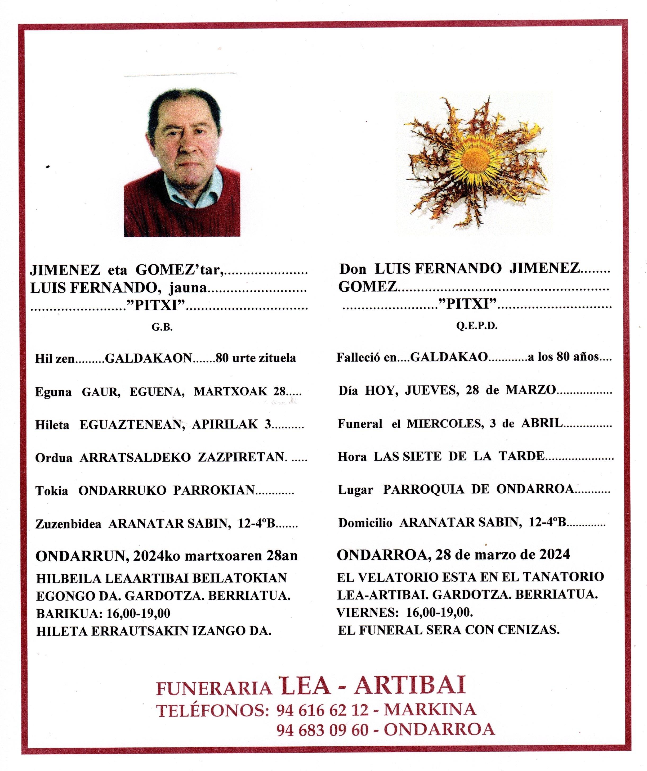 Esquela de Luis Fernando Jimenez Gomez