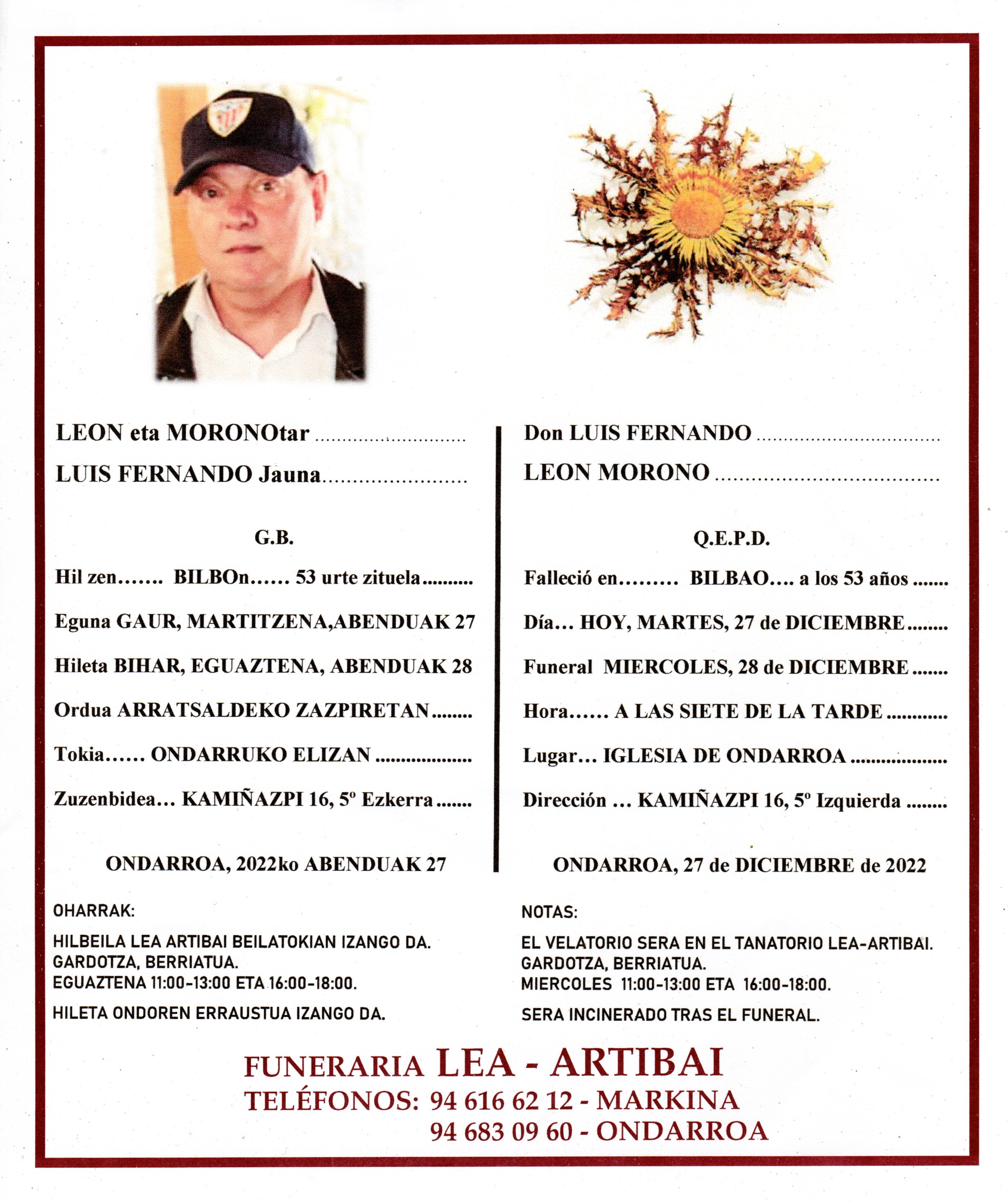Esquela de Luis Fernando Leon Morono