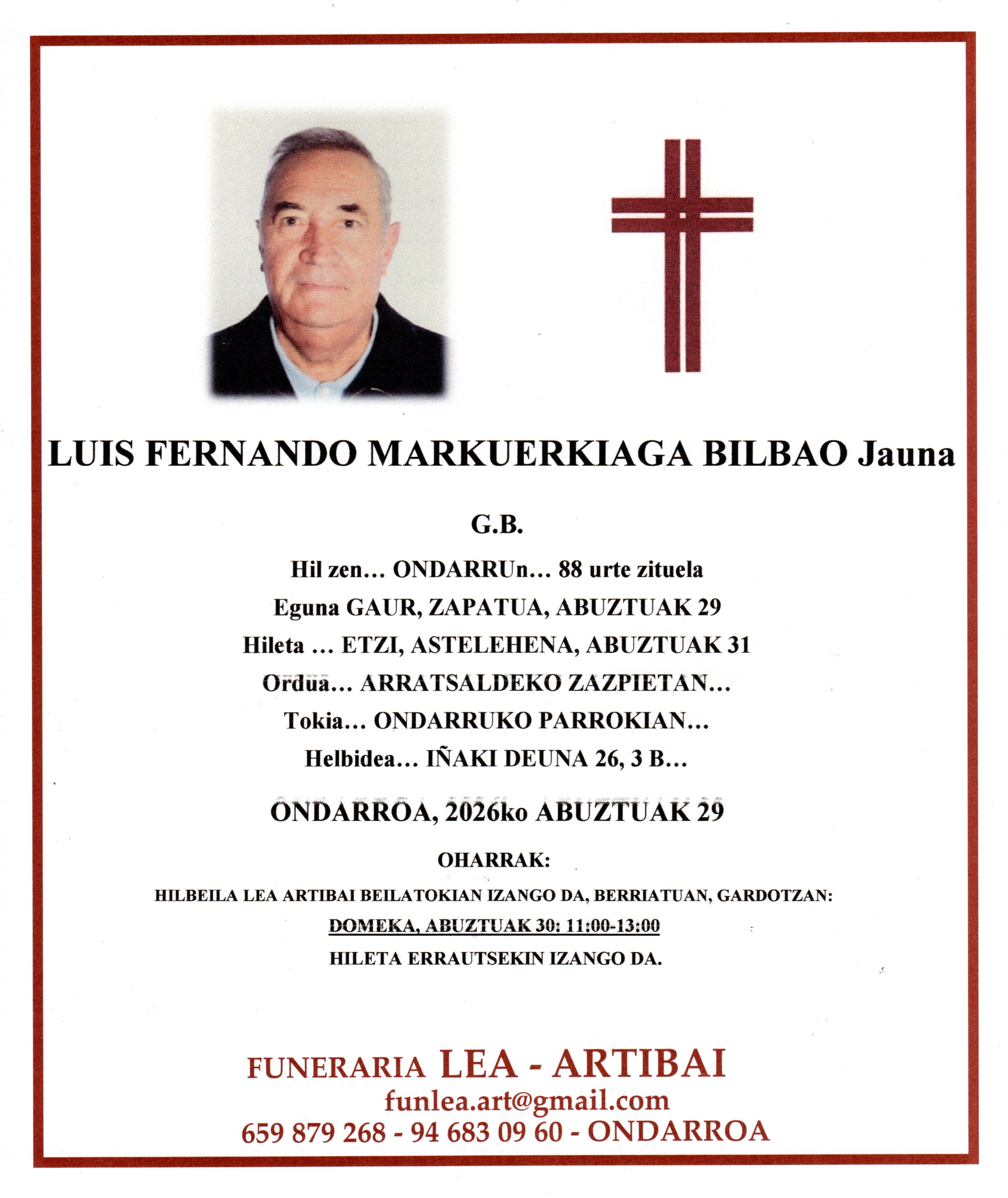 Esquela de Luis Fernando Markuerkiaga Bilbao