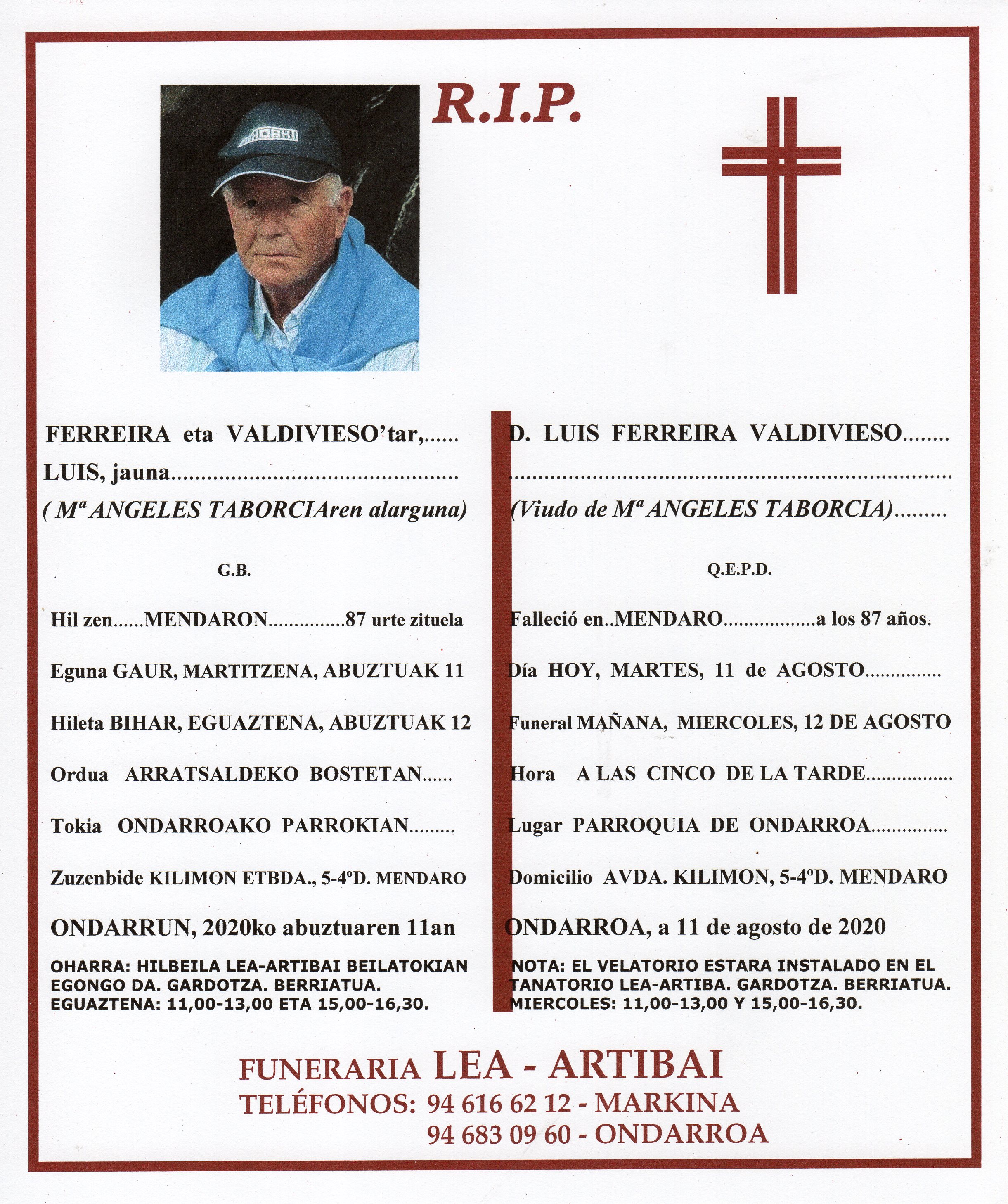 Esquela de Luis Ferreira Valdivieso