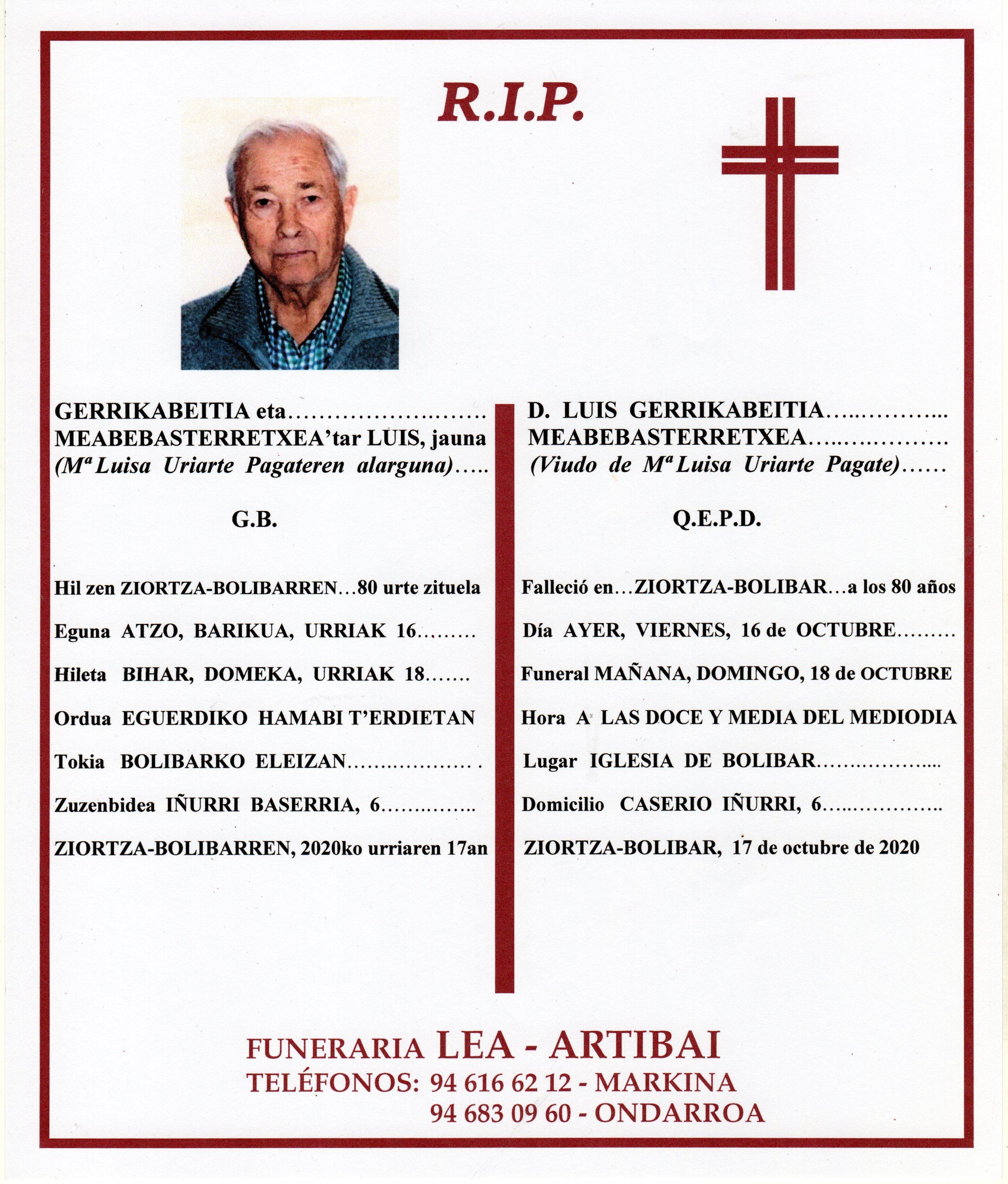 Esquela de Luis Gerrikabeitia Meabebasterretxea