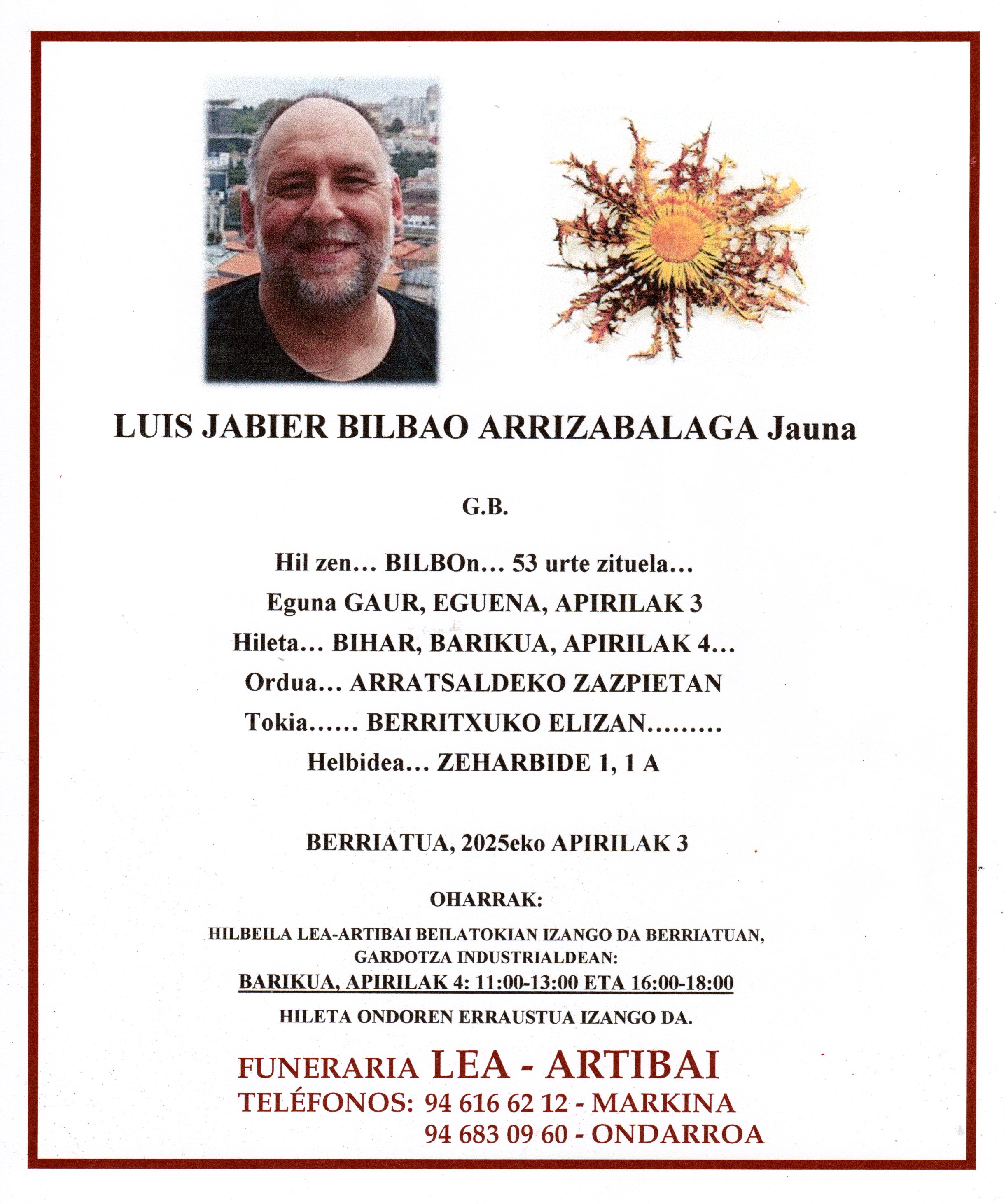 Esquela de Luis Jabier Bilbao Arrizabalaga