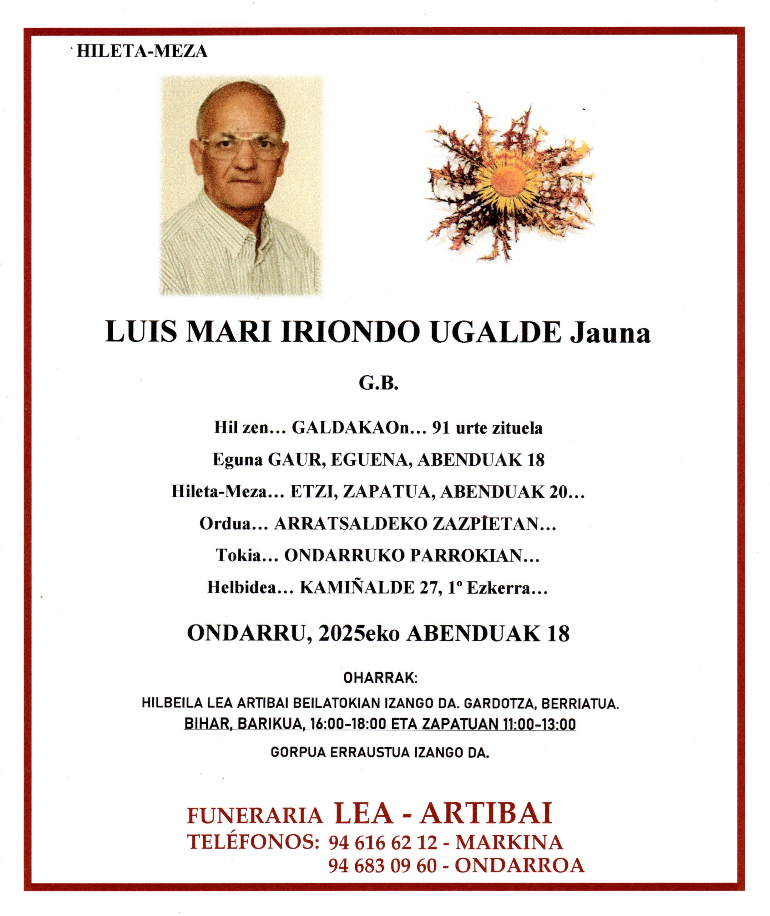 Esquela de Luis Mari Iriondo Ugalde