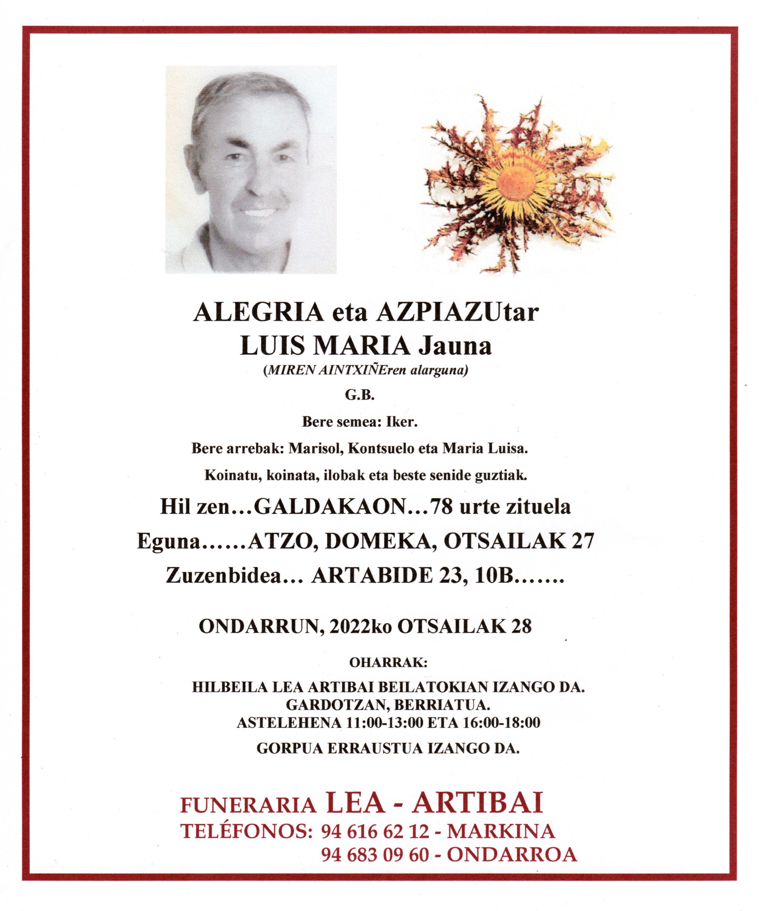 Esquela de Luis Maria Alegria Azpiazu