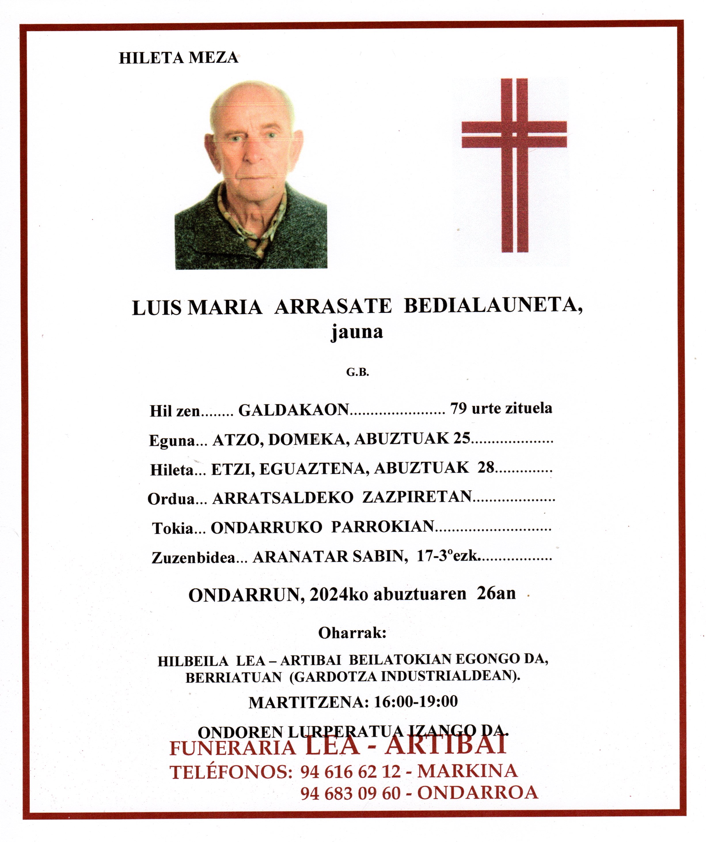 Esquela de Luis Maria Arrasate Bedialauneta