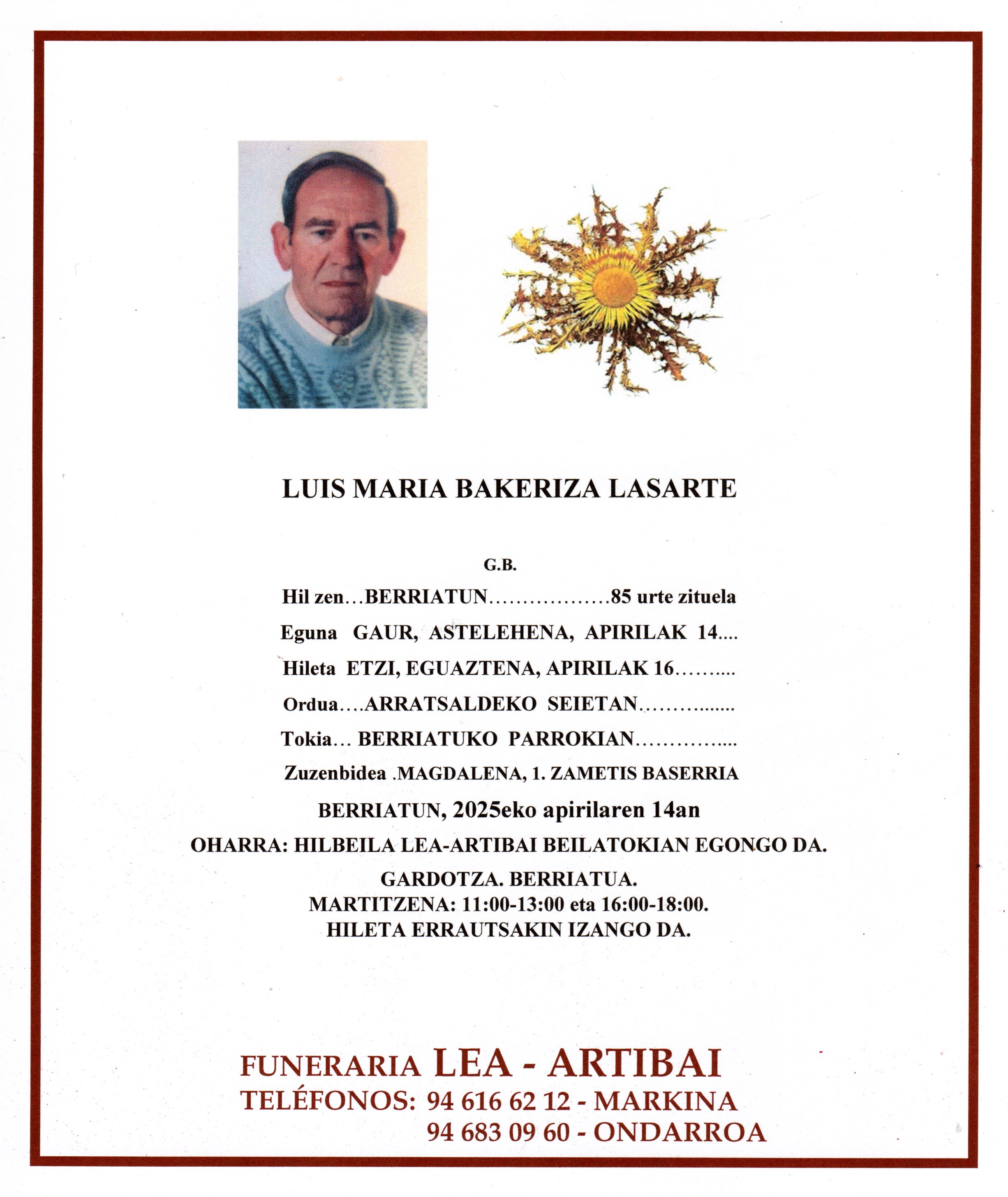 Esquela de Luis Maria Bakeriza Lasarte