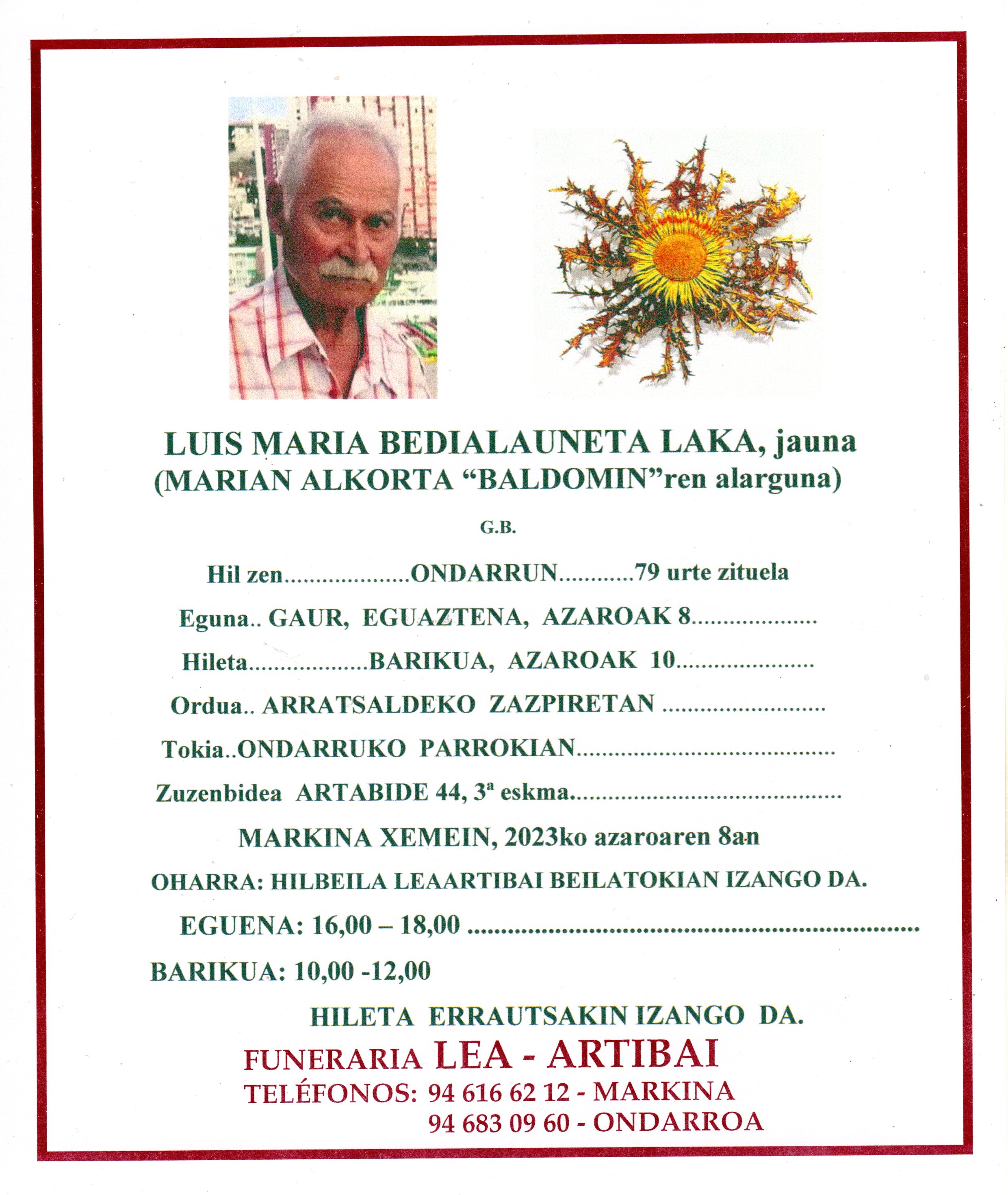 Esquela de Luis Maria Bedialauneta Laka