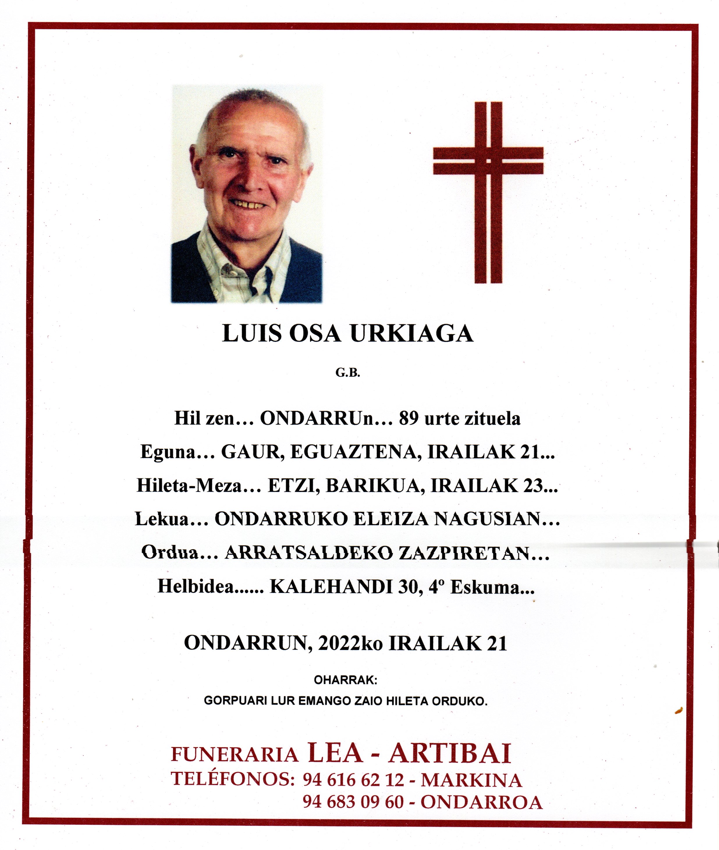 Esquela de Luis Osa Urkiaga