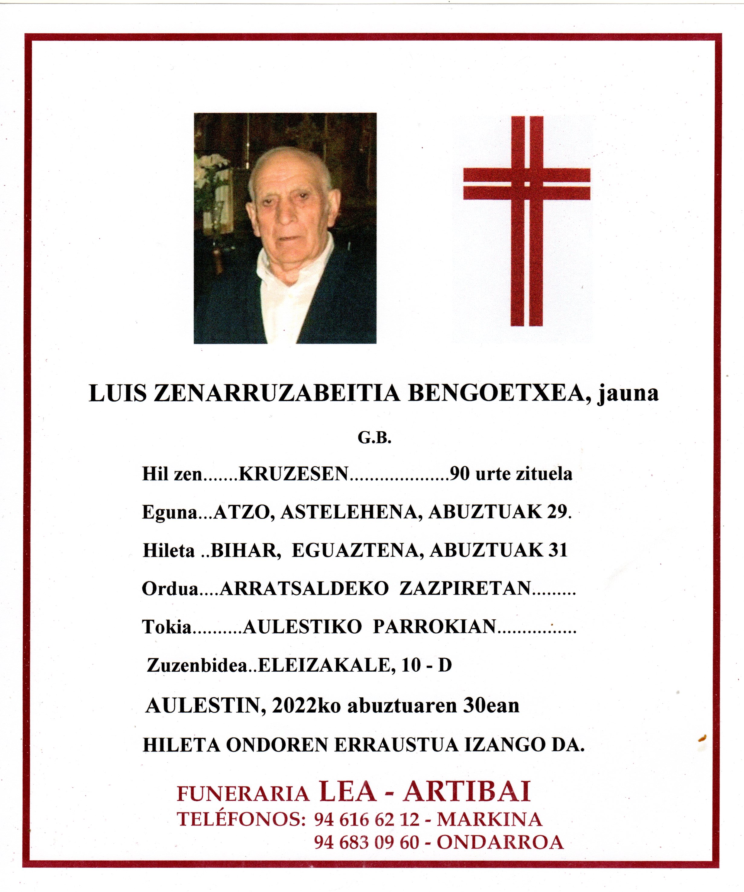 Esquela de Luis Zenarruzabeitia Bengoetxea