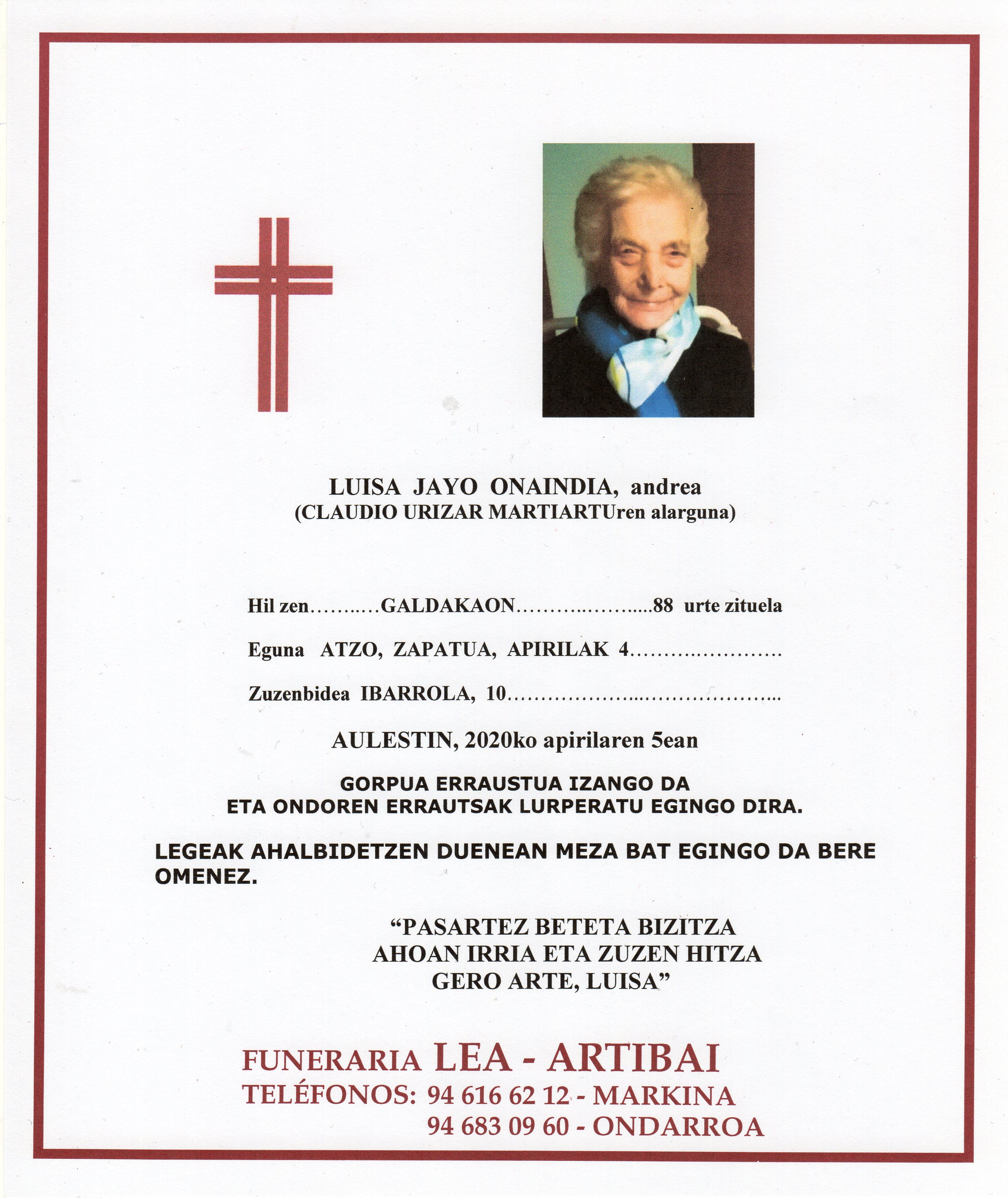Esquela de Luisa Jayo Onaindia