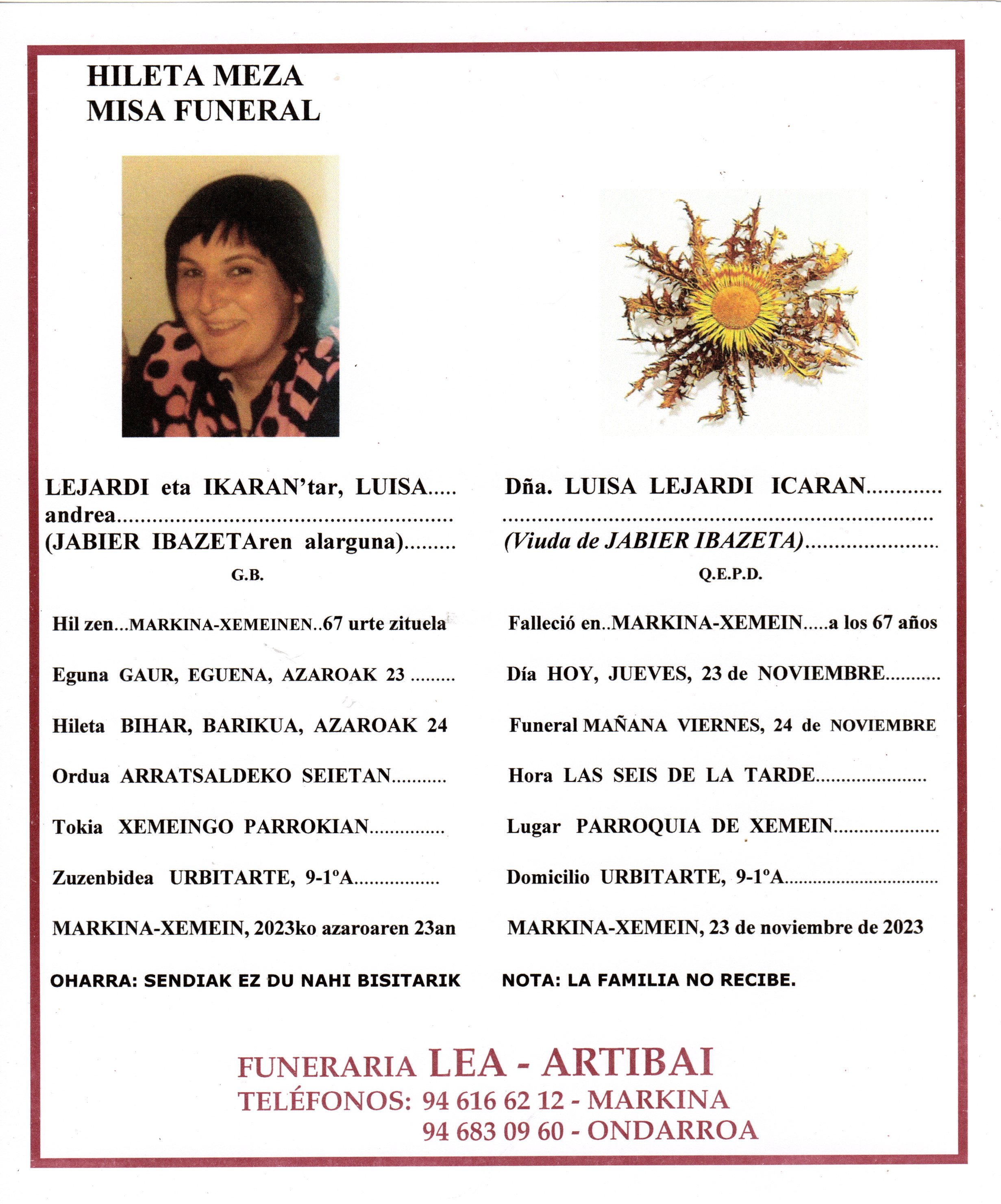 Esquela de Luisa Lejardi Icaran