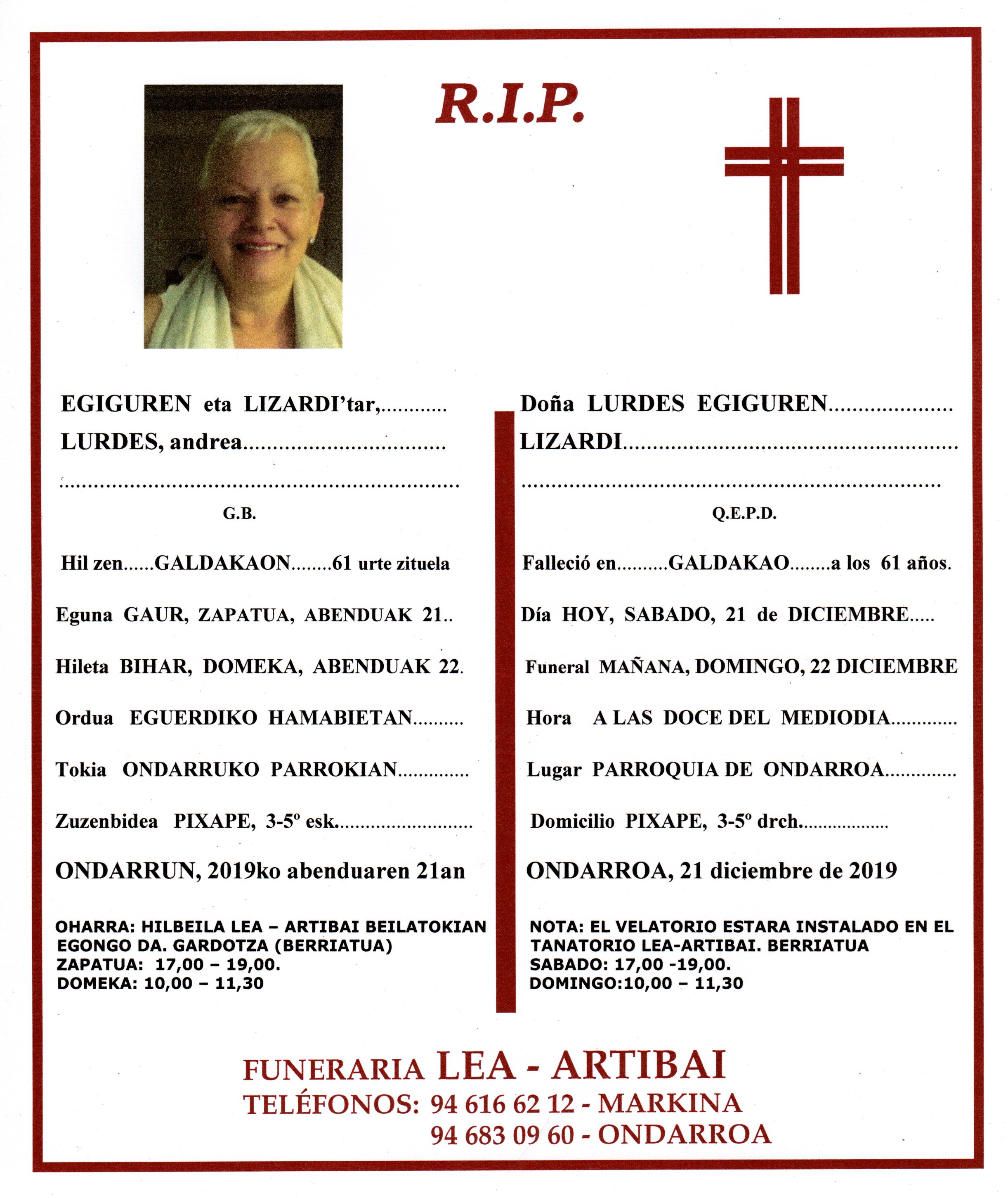 Esquela de Lurdes Egiguren Lizardi