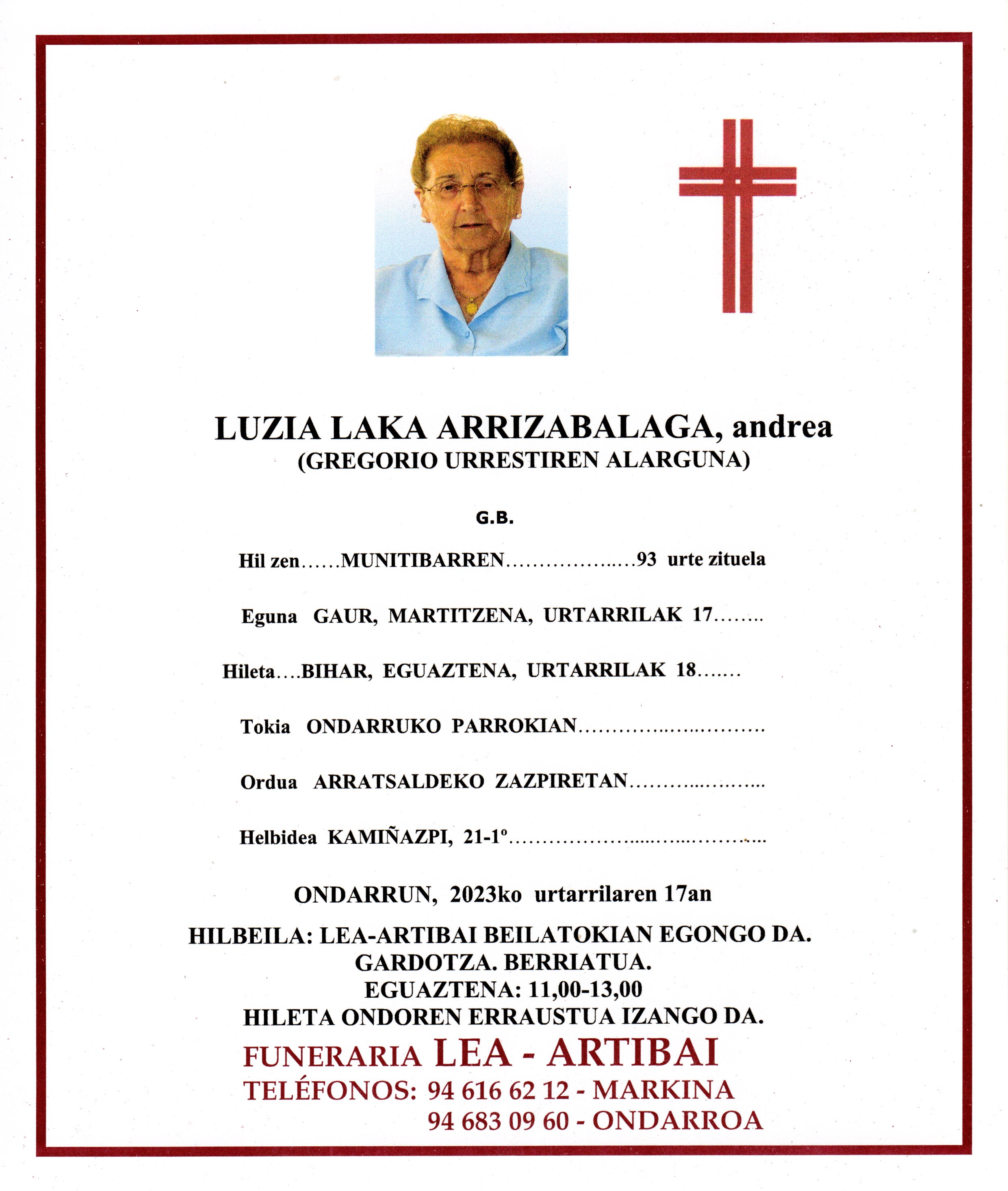 Esquela de Luzia Laka Arrizabalaga