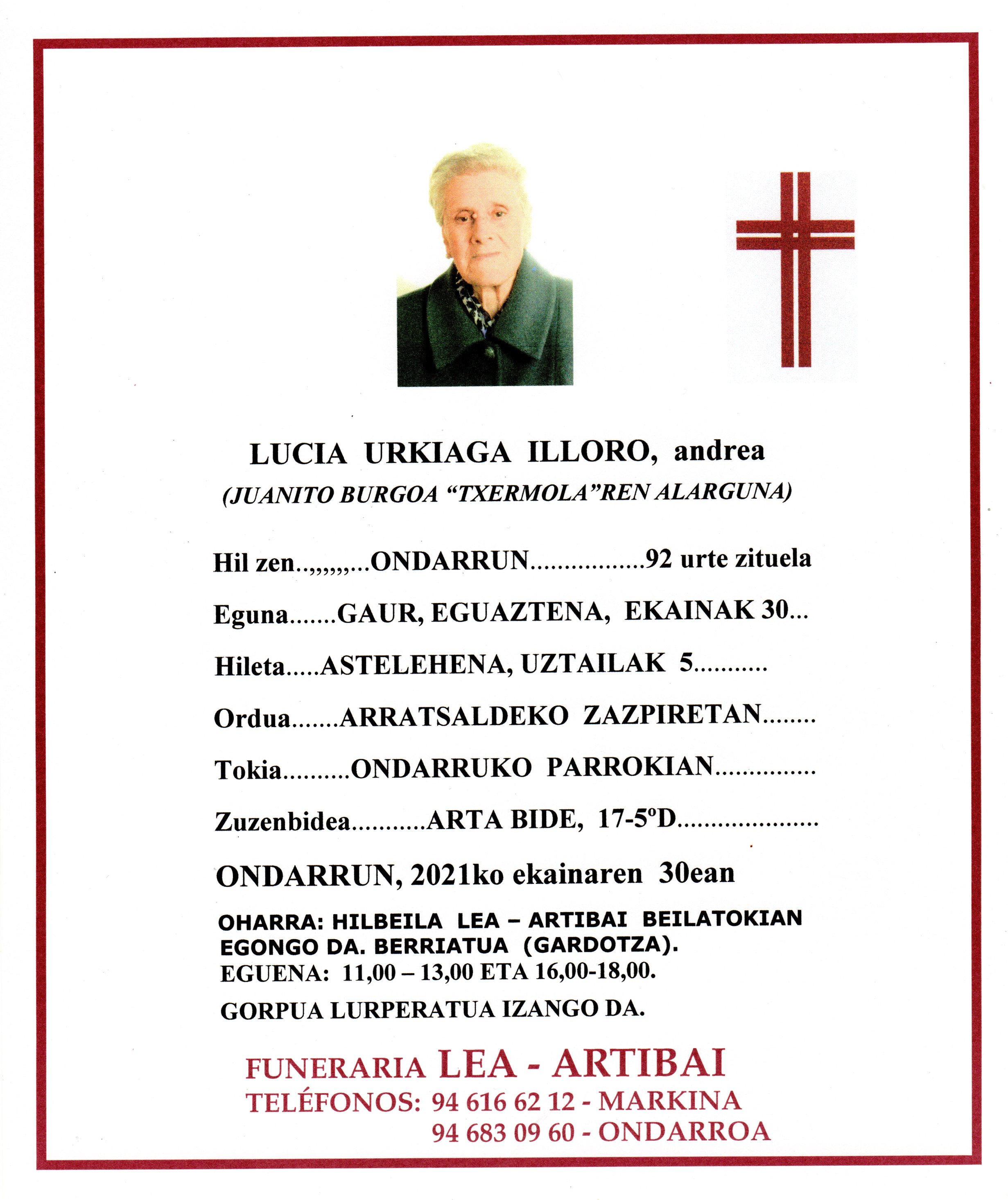 Esquela de Lucia Urkiaga Illoro