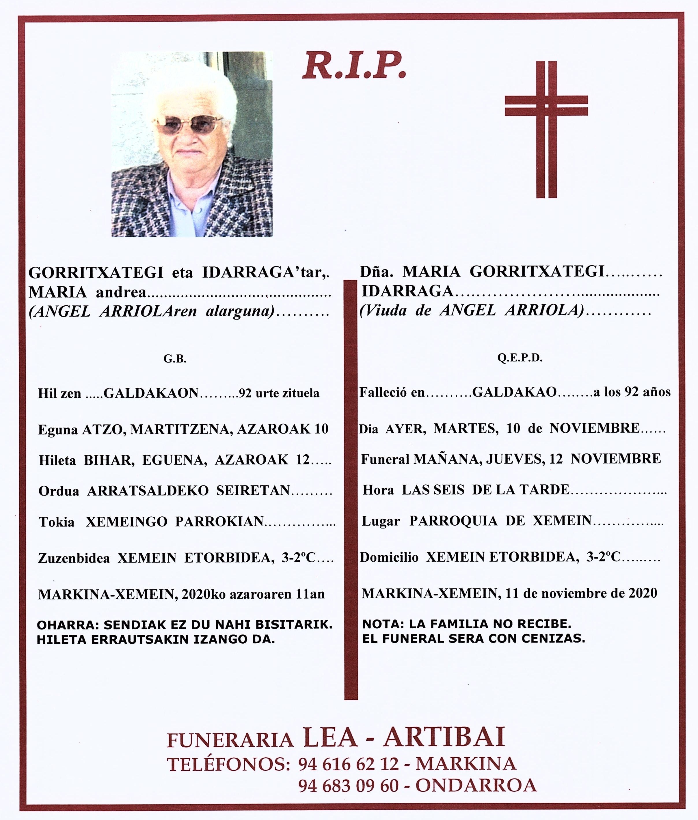 Esquela de Maria Gorritxategi Idarraga