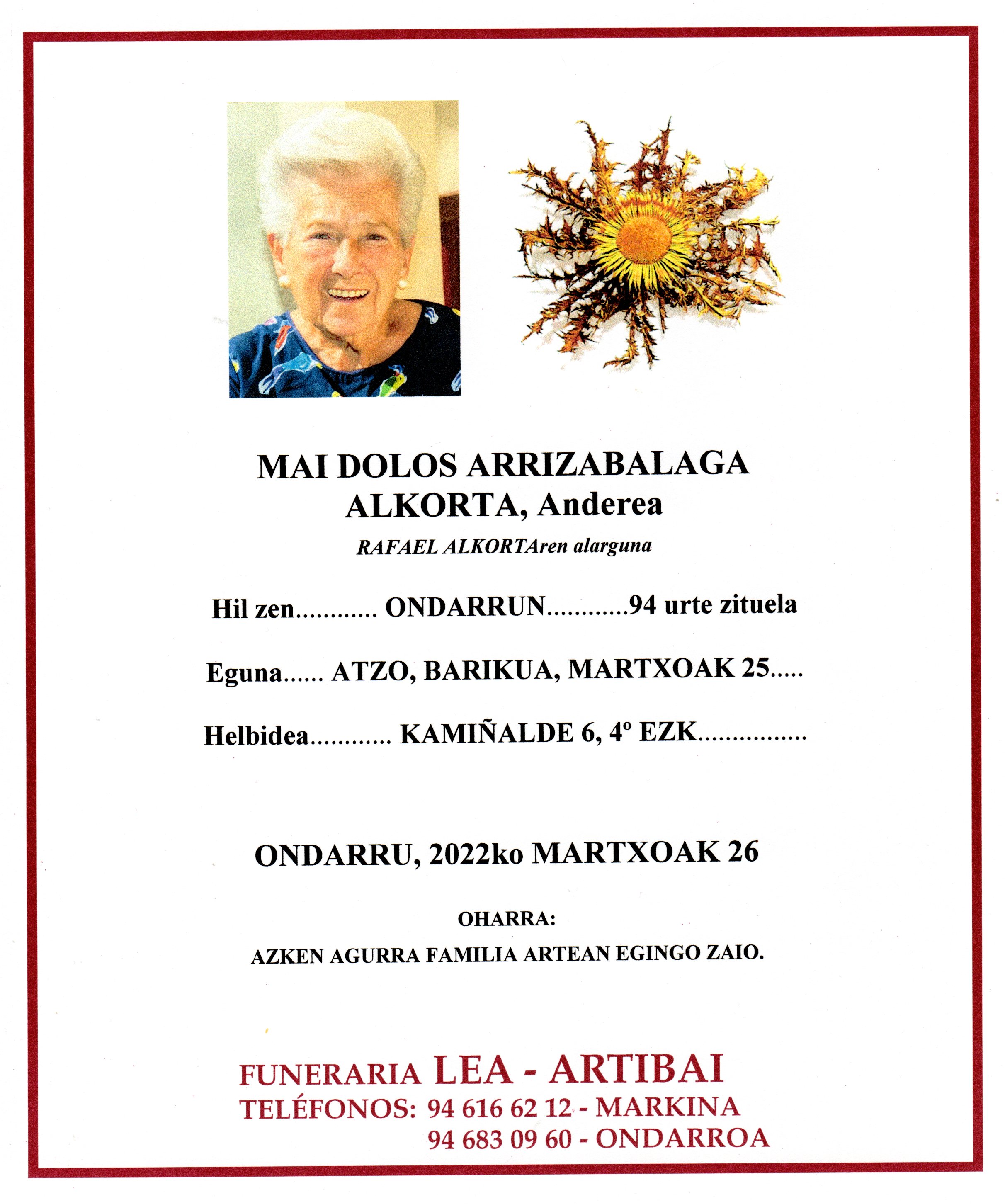 Esquela de Maidolos Arrizabalaga Alkorta