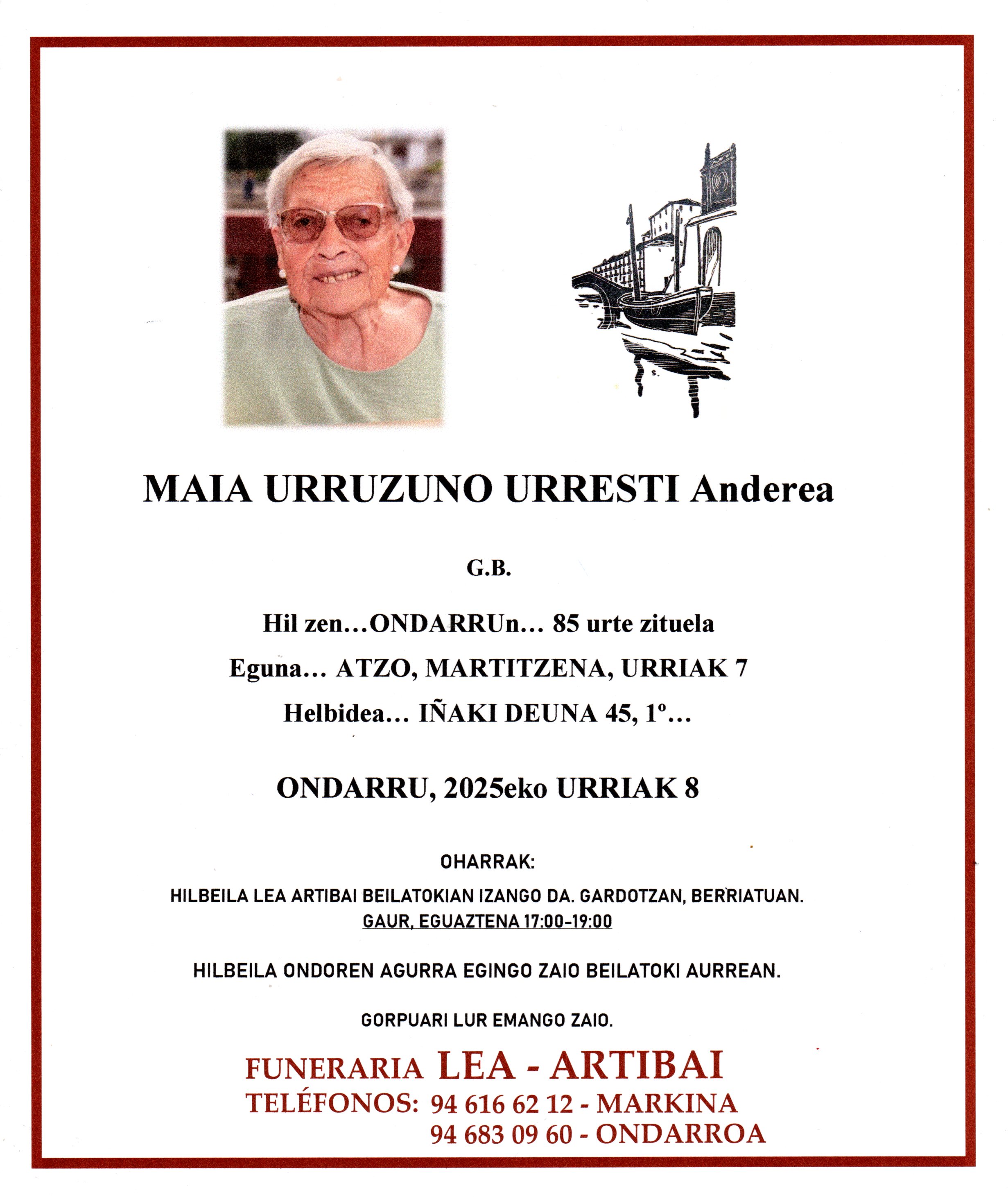 Esquela de Maia Urruzuno Urresti