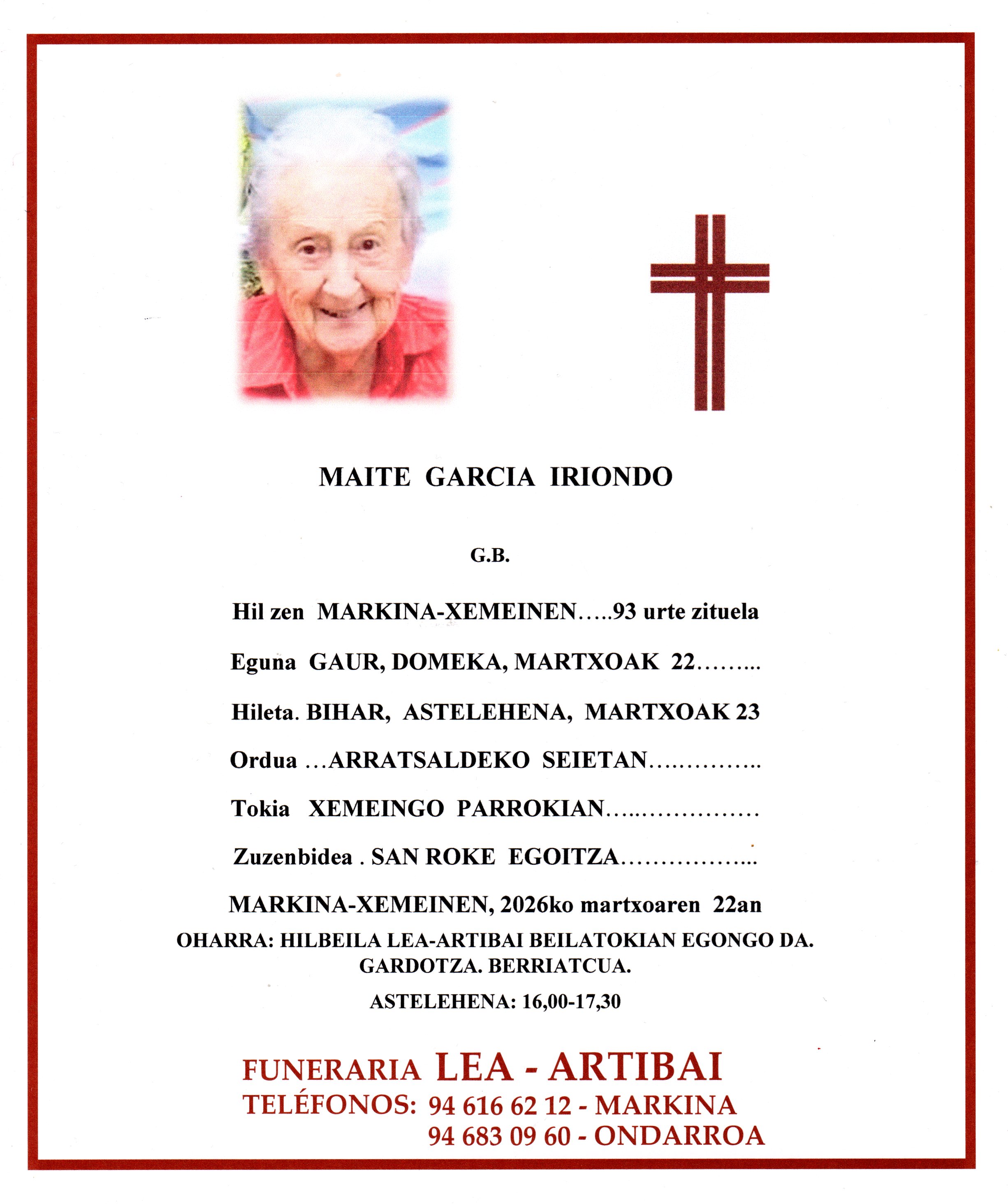Esquela de Maite Garcia Iriondo