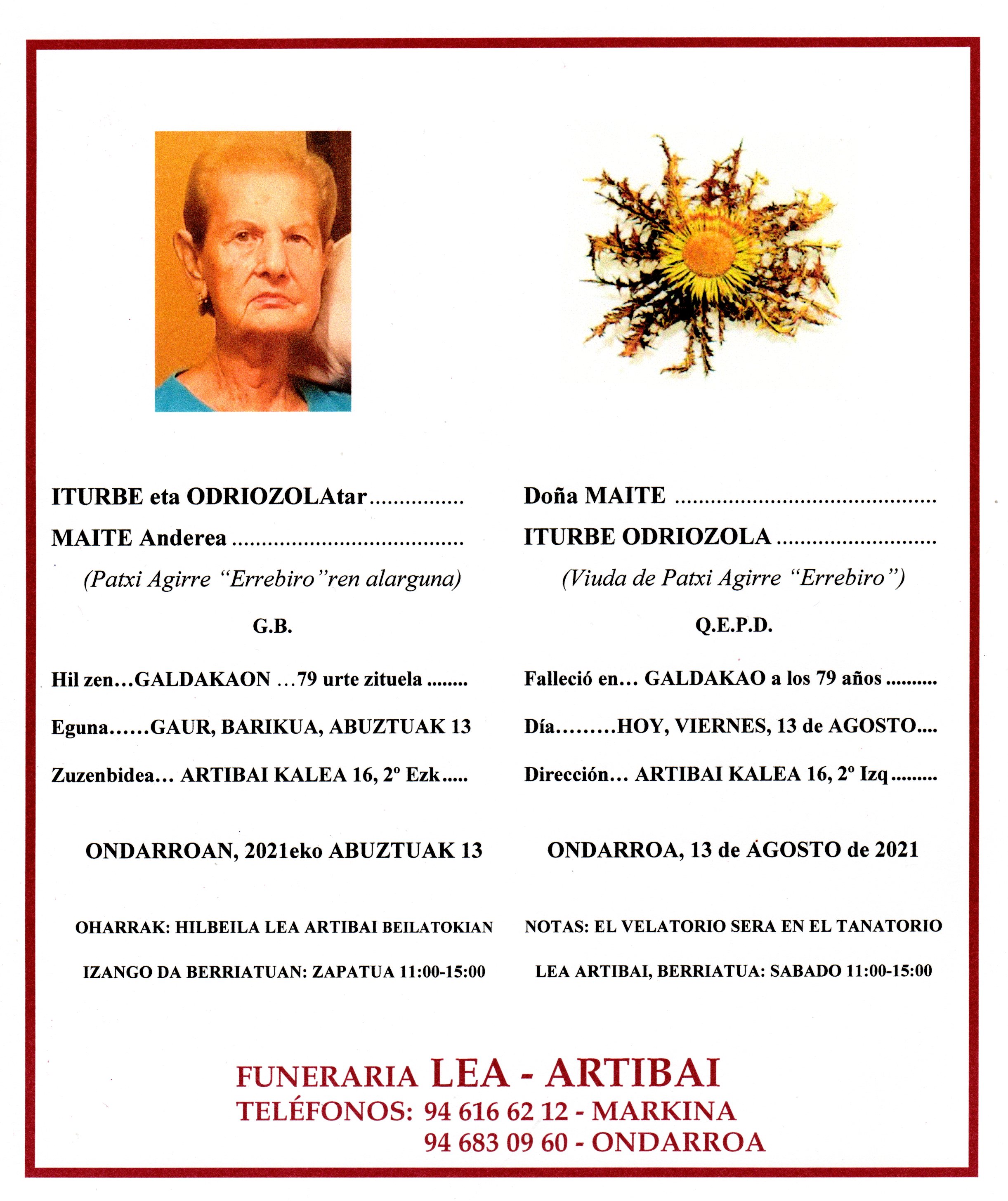Esquela de Maite Iturbe Odriozola