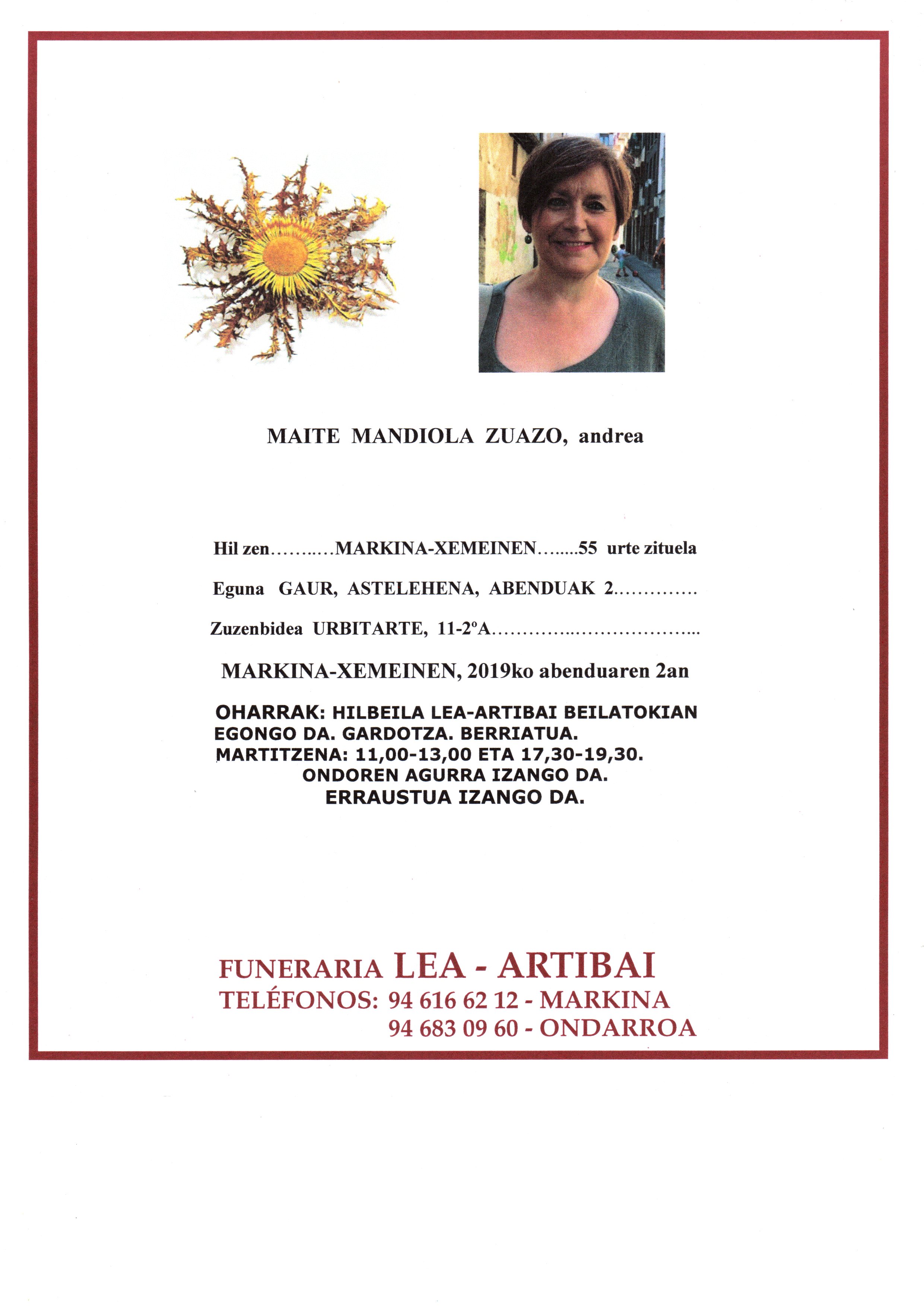 Esquela de Maite Mandiola Zuazo