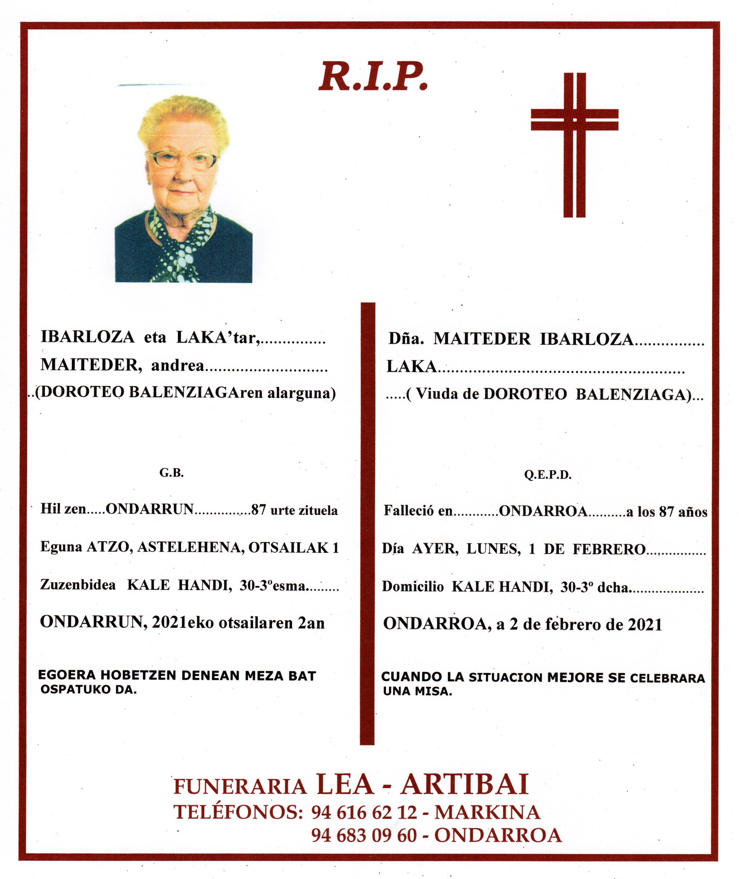 Esquela de Maiteder Ibarloza Laka
