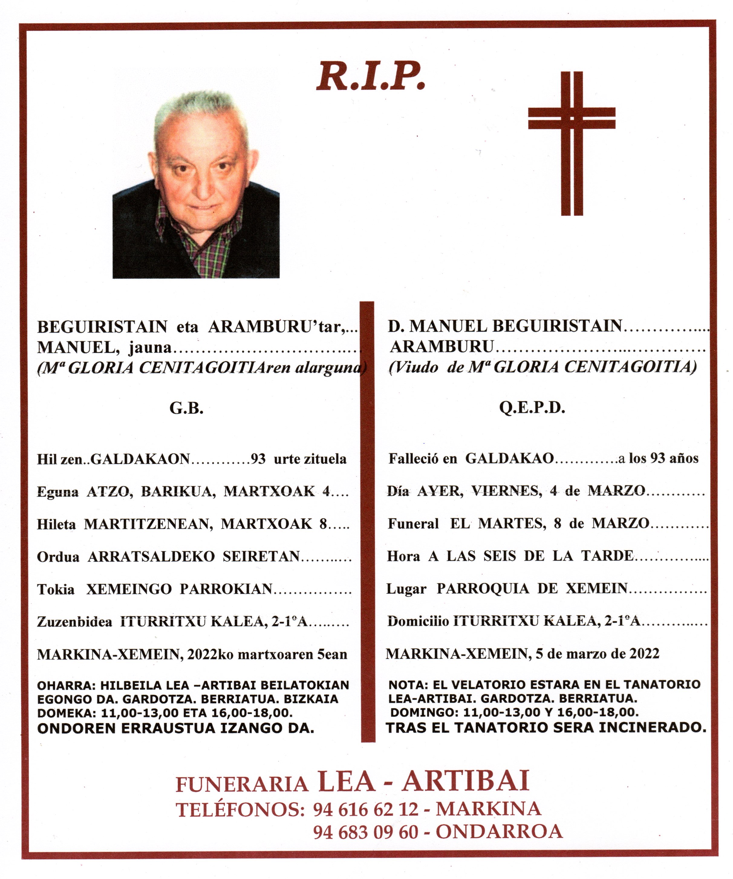 Esquela de Manuel Beguiristain Aramburu