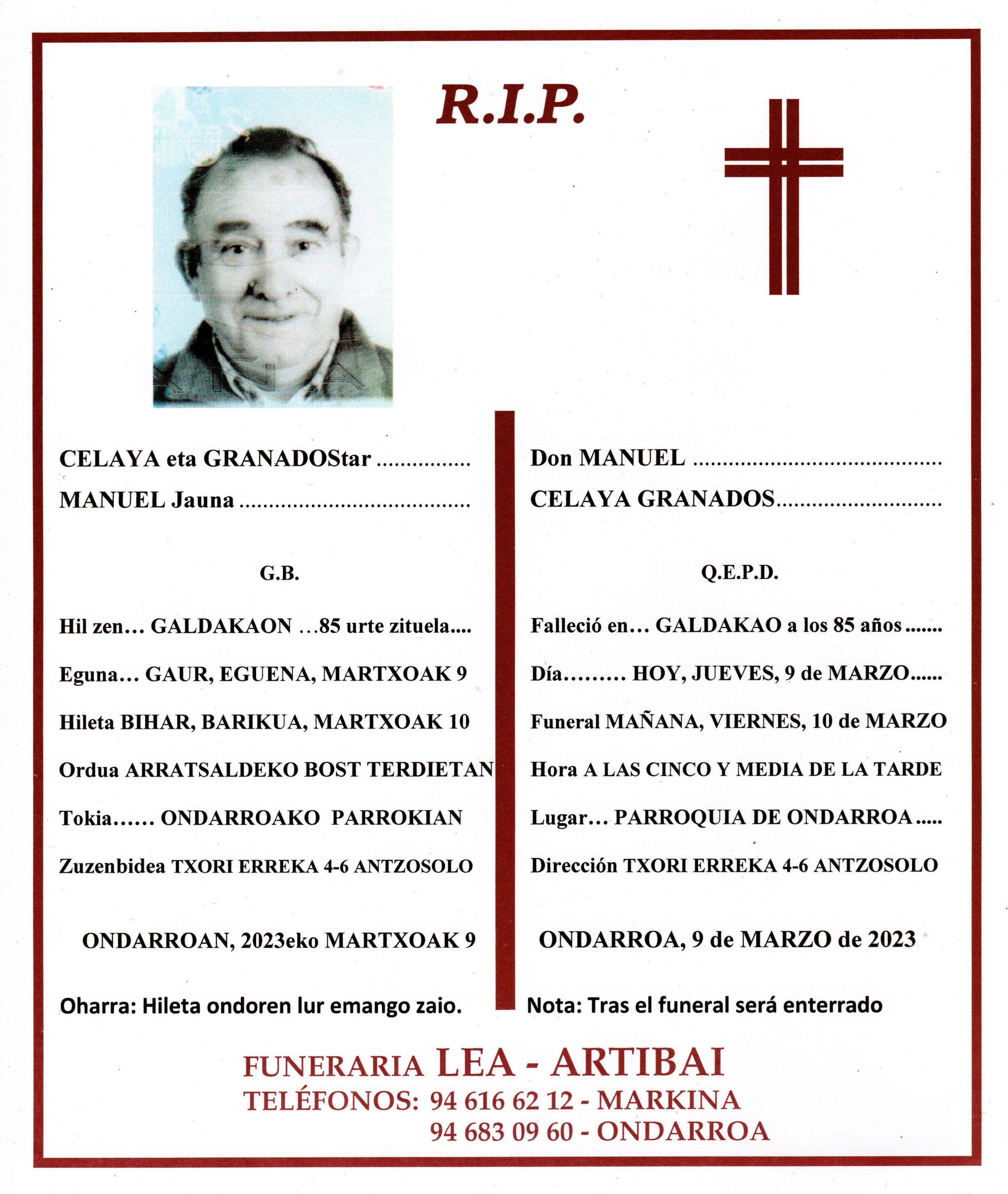 Esquela de Manuel Celaya Granados