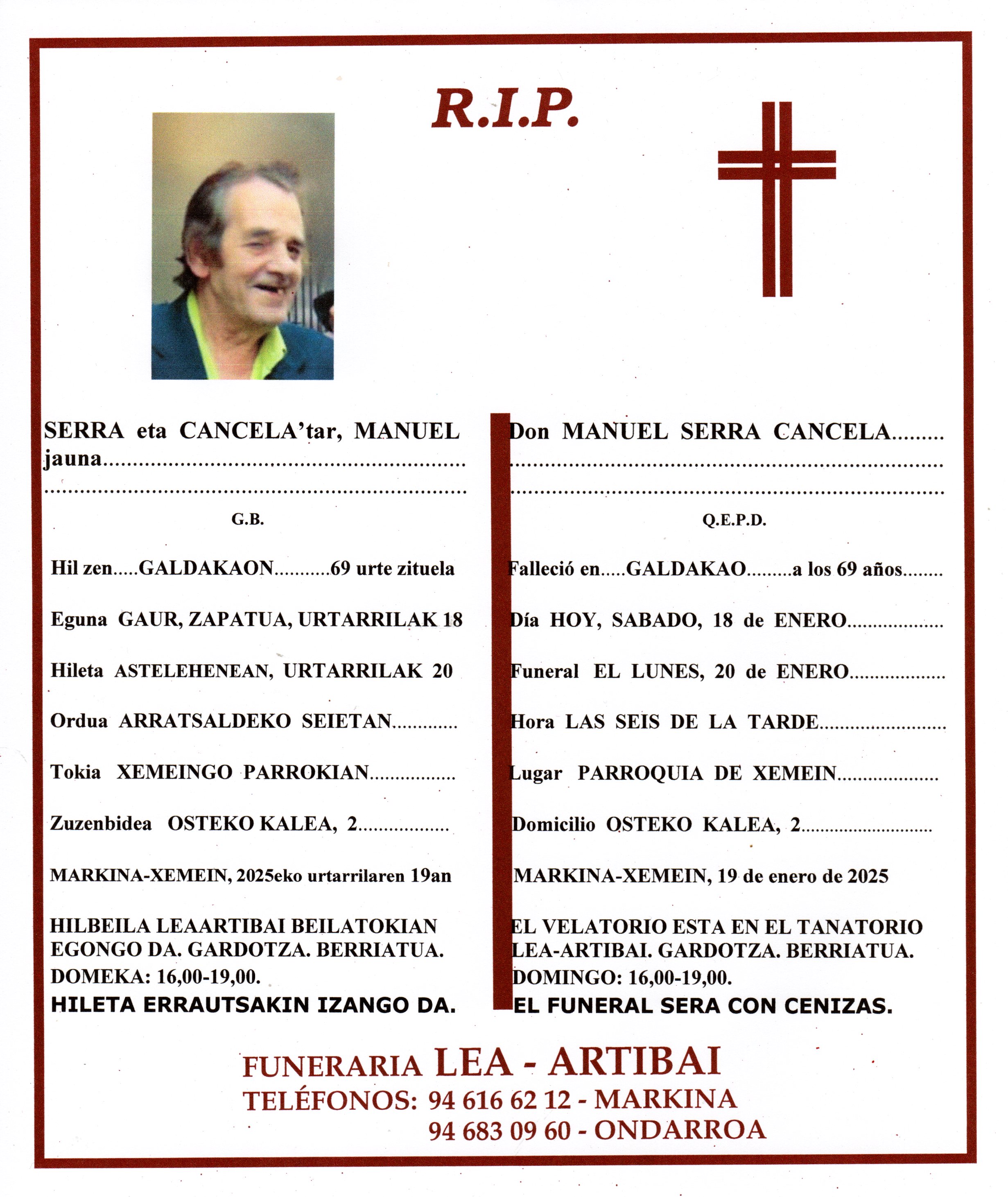 Esquela de Manuel Serra Cancela