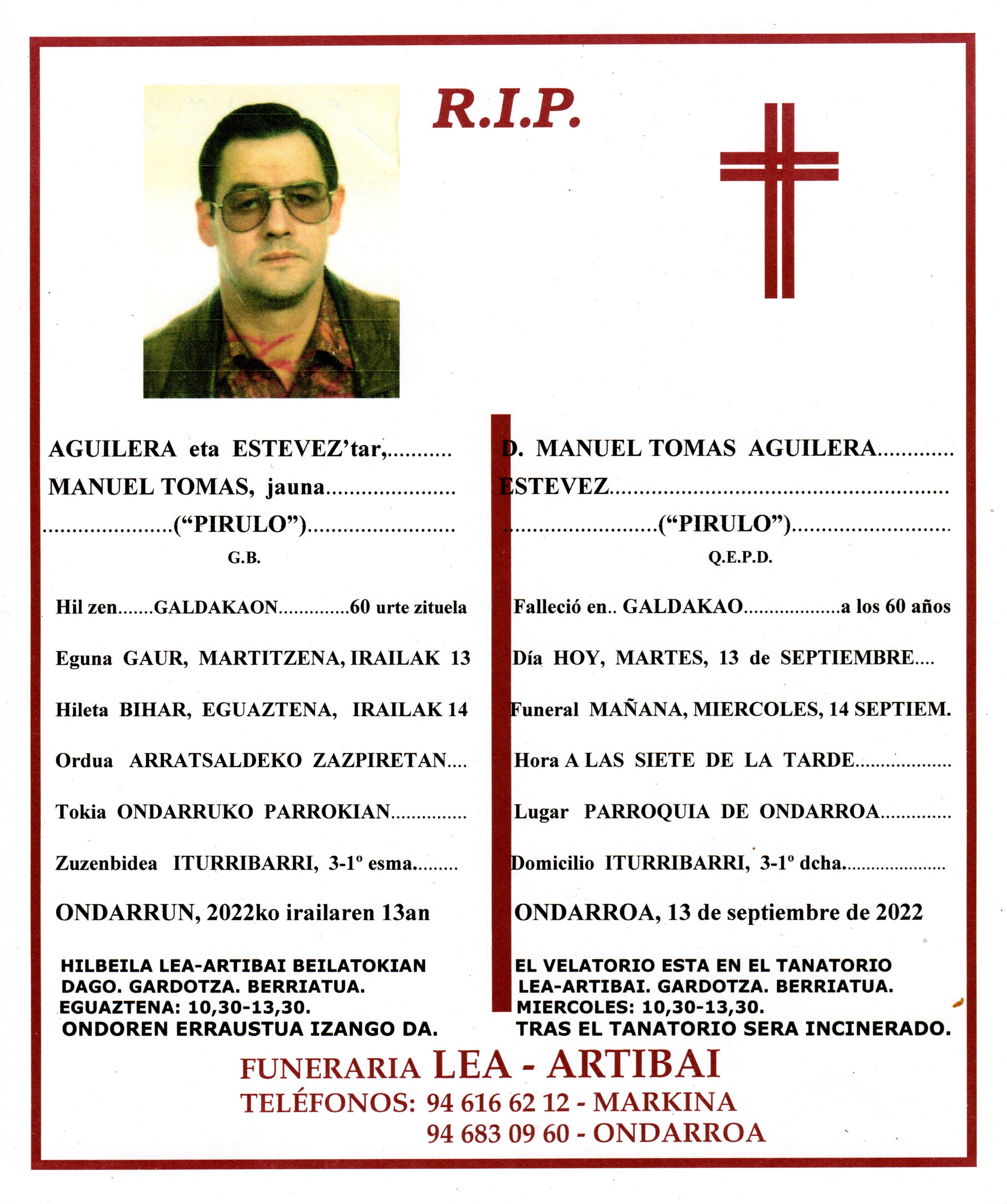 Esquela de Manuel Tomas Aguilera Estevez