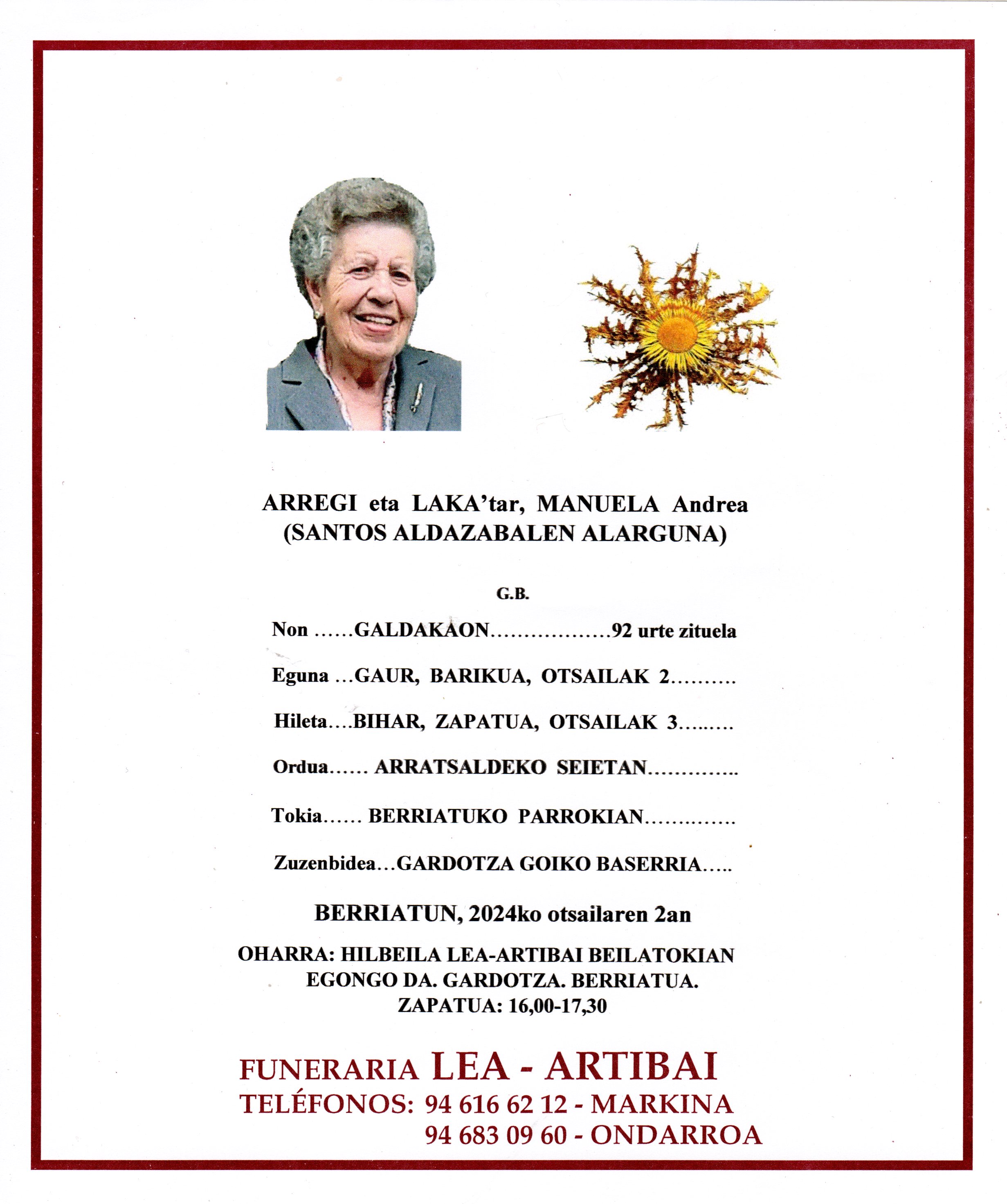 Esquela de Manuela Arregi Laka